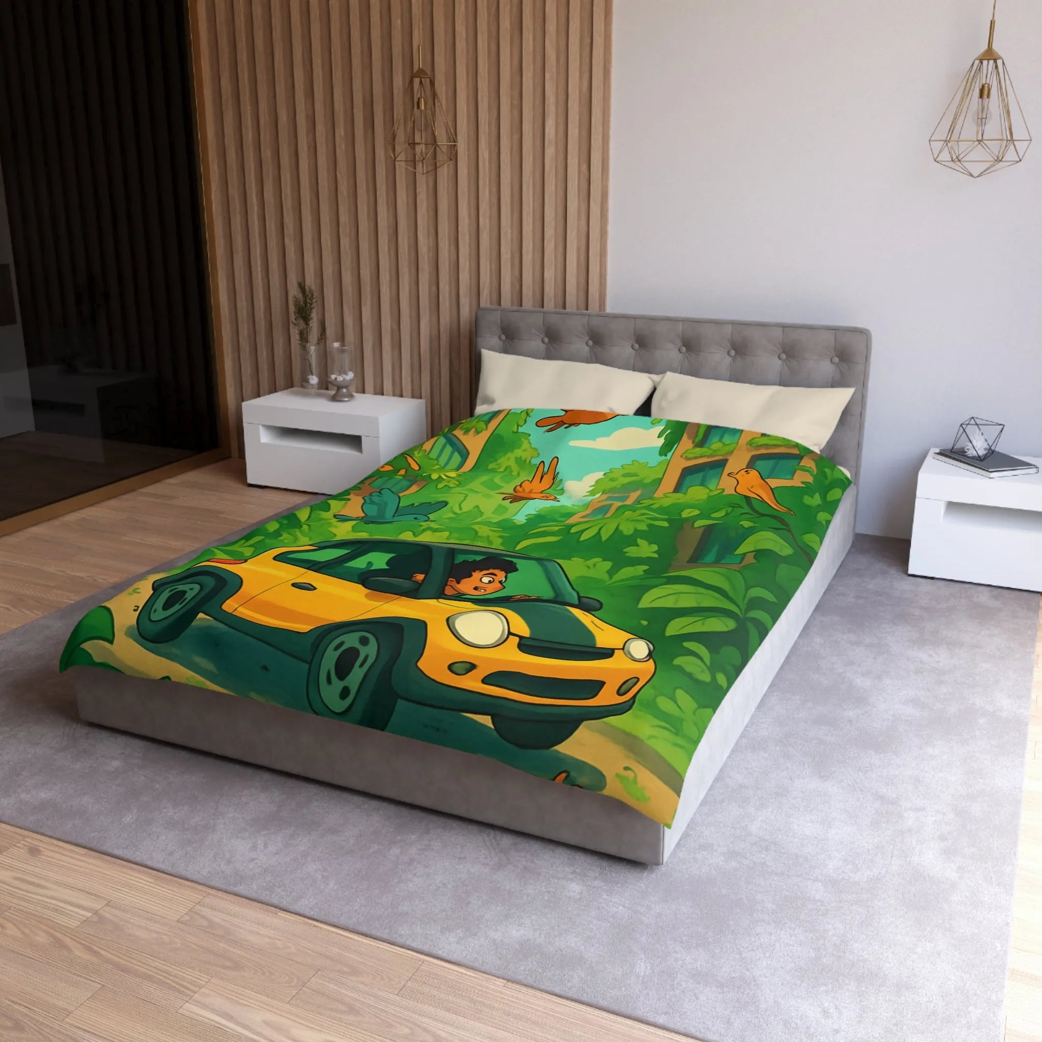 Housse de couette colorée avec voiture jaune et jungle luxuriante pour enfants aventureux