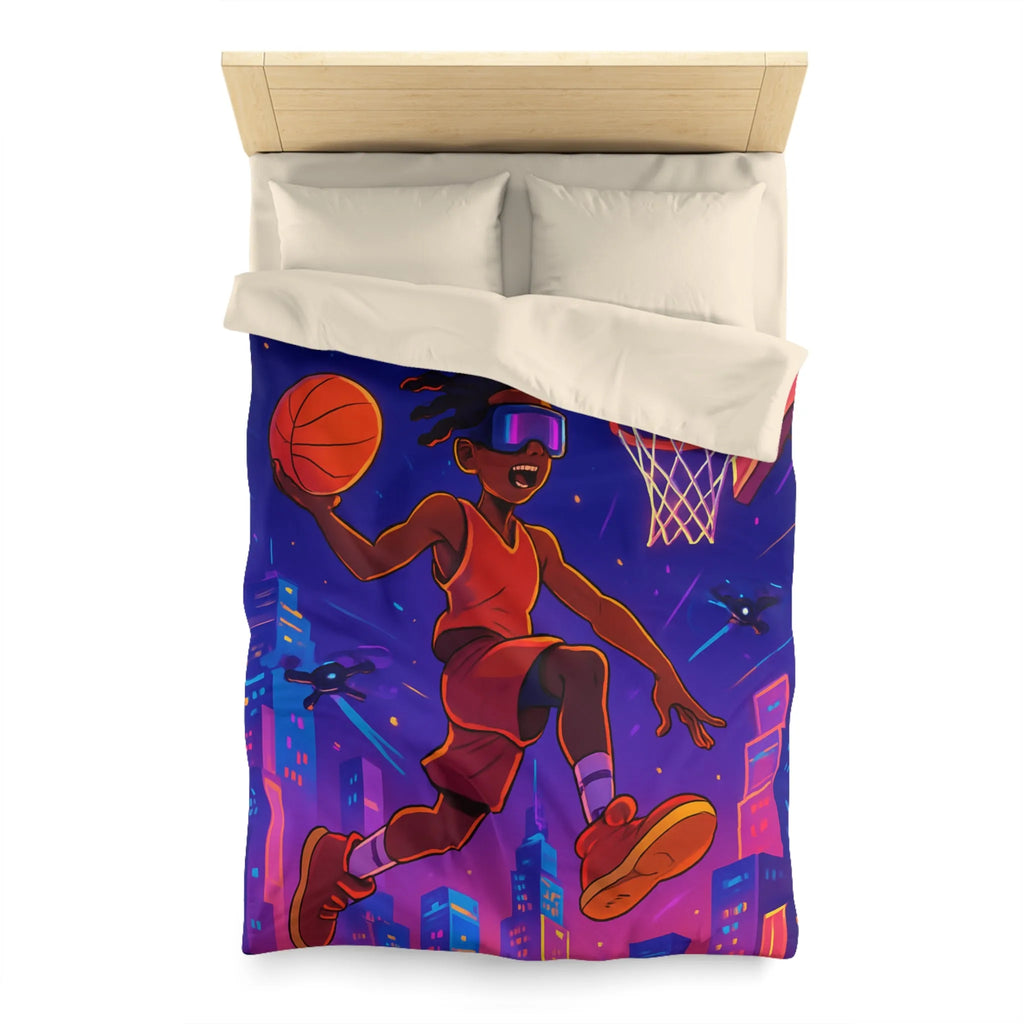 Housse de couette colorée avec joueur de basket futuriste volant avec drones cabine urbaine