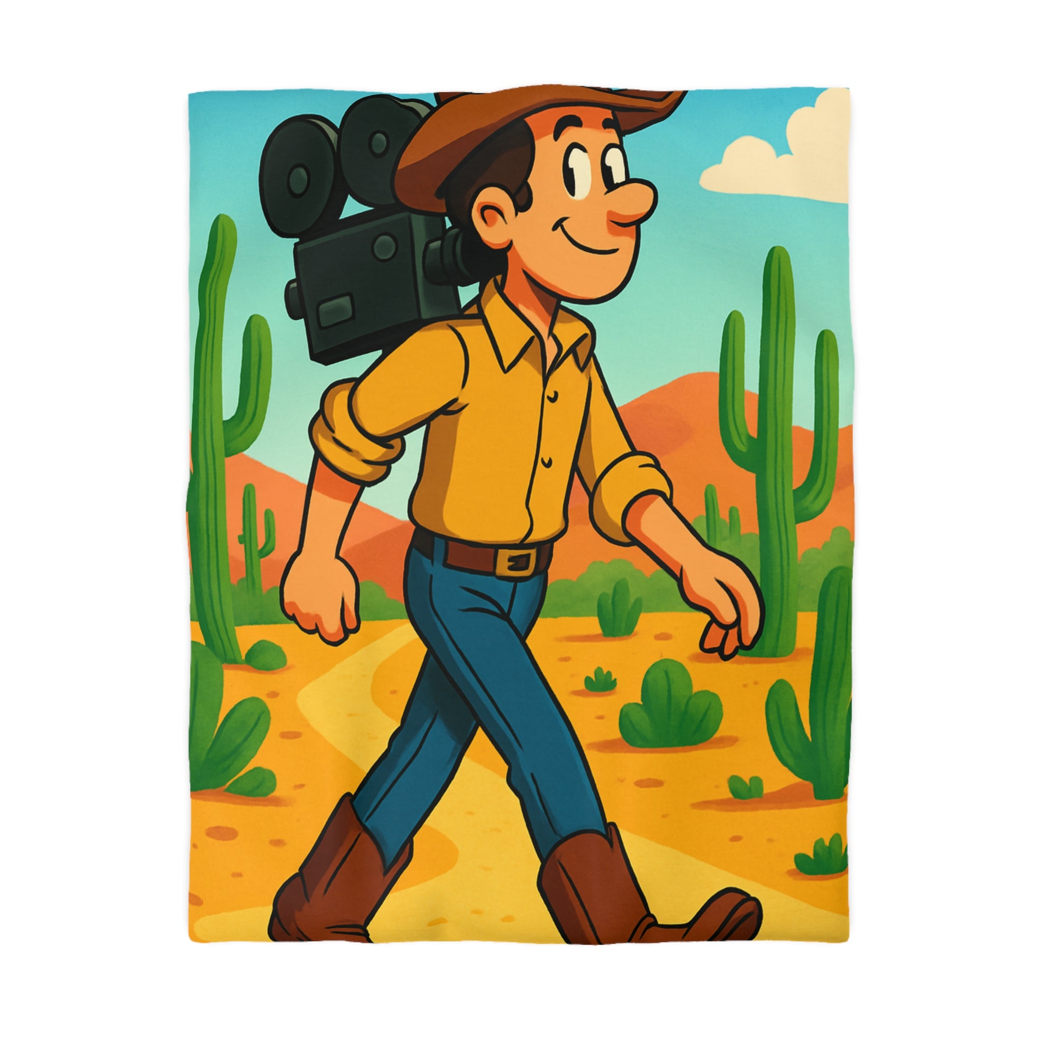 Housse de couette western cowboy dessin animé, désert cactus rétro style vibrant