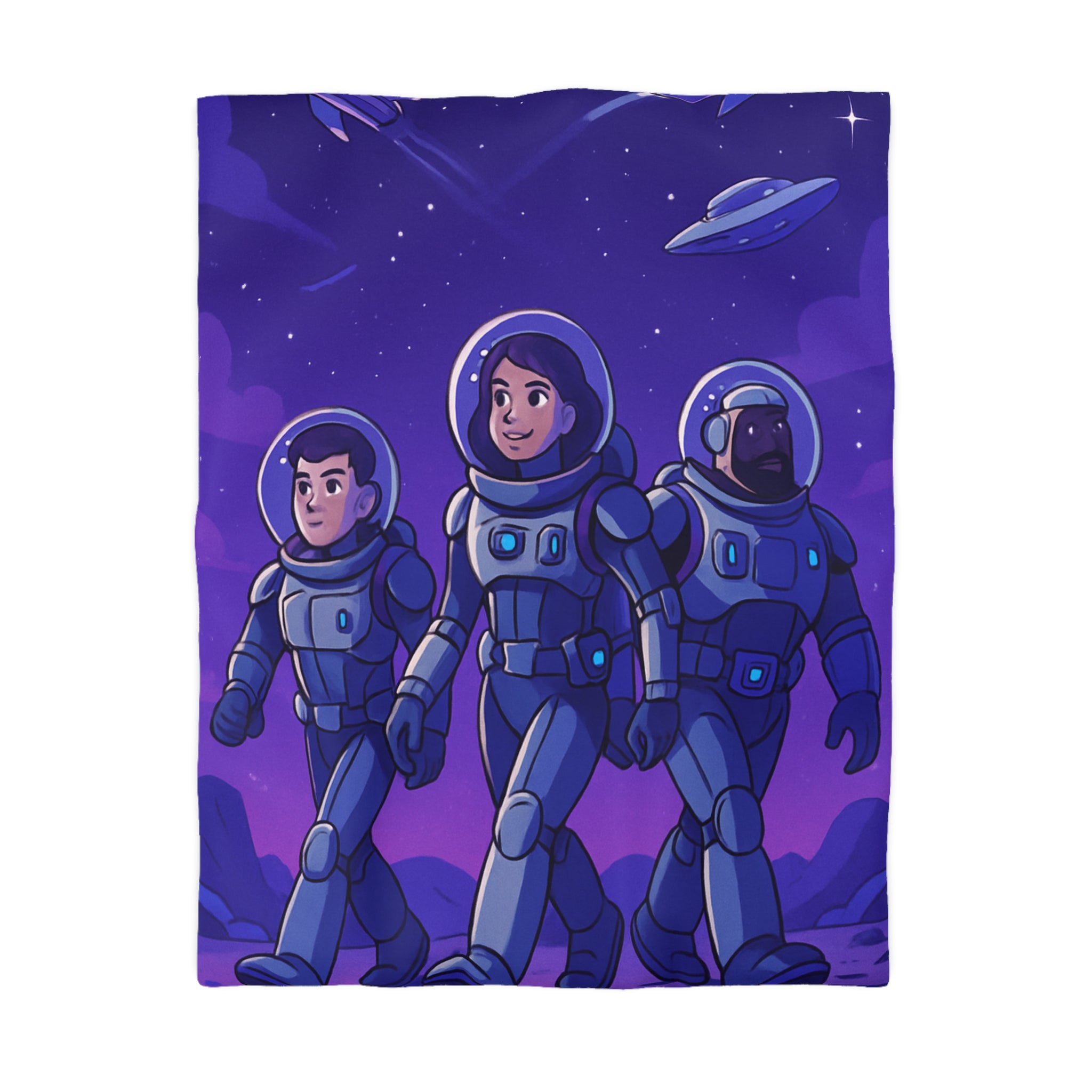 Housse de Couette Spatiale avec Astronautes, Vaisseaux et Étoiles sur Fond Violet