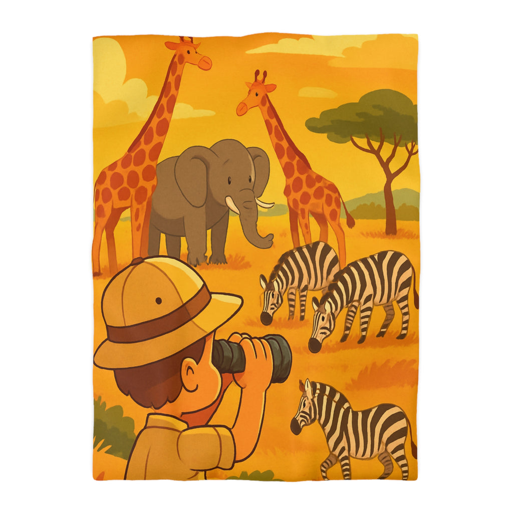 Housse de couette safari enfant avec éléphant, girafes et zèbres dans savane ensoleillée