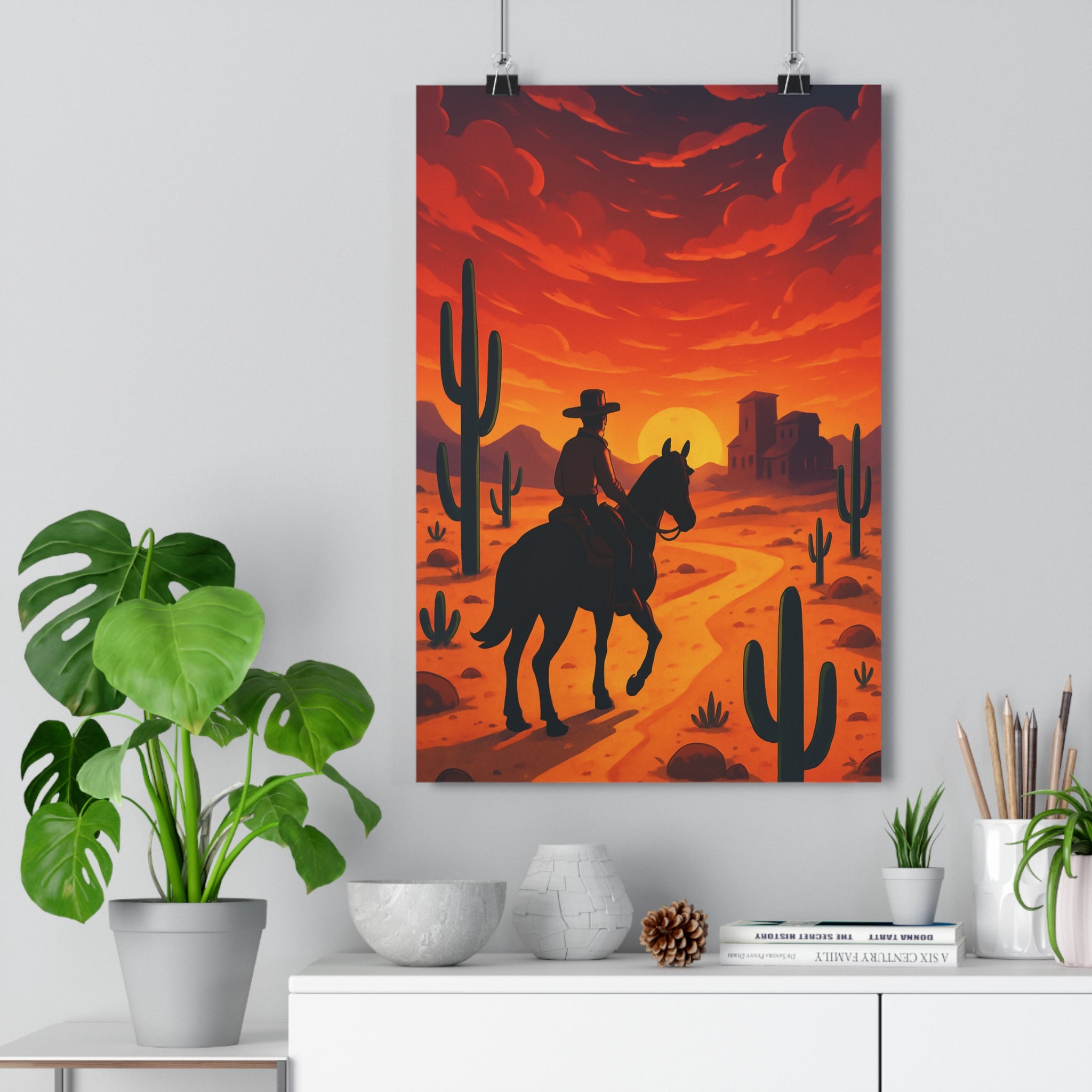 Poster décoratif vintage cowboy coucher soleil désert aventure nostalgique salon chambre ambiance apaisante qualité