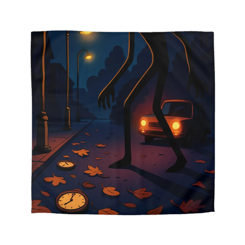 Housse de couette avec motif de créature mystérieuse et horloges sur route nocturne
