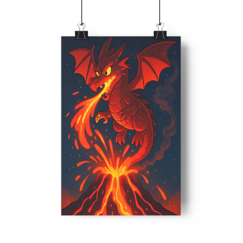 Poster décoratif dragon rouge cartoon volcan feu chambre enfant intense dynamique ambiance magique art