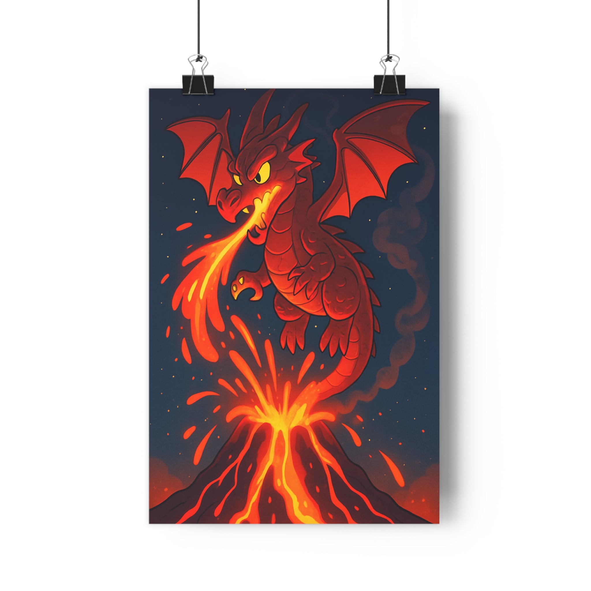 Poster décoratif dragon rouge cartoon volcan feu chambre enfant intense dynamique ambiance magique art