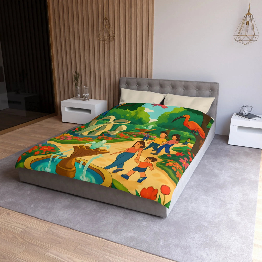 Housse de Couette Colorée Illustrant un Jardin avec Oiseaux et Familles en Promenade