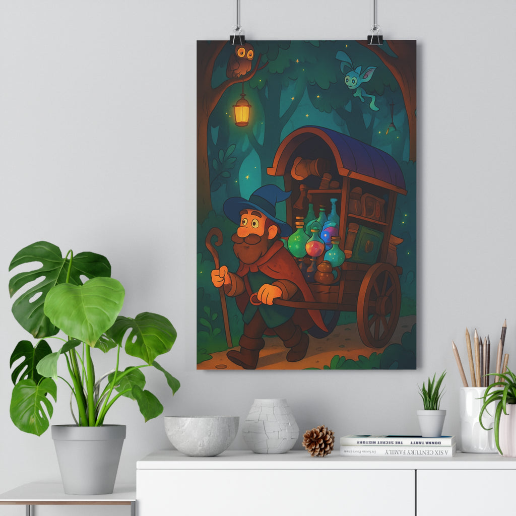 Poster décoratif conte féérique vert bleu animé mystique enfant forêt magique art créatif 30x46