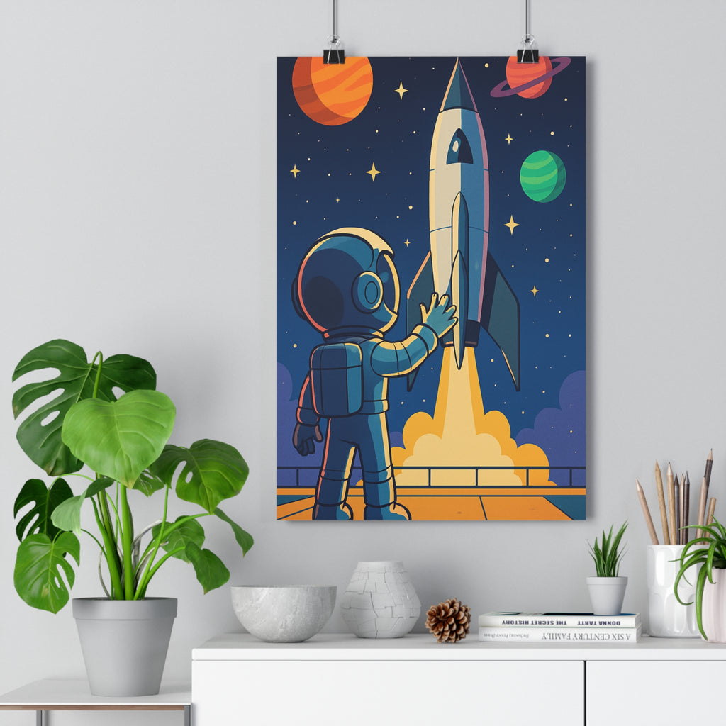 Poster décoratif cartoon futuriste orange bleu astronaute fusée aventure enfant planètes étoiles chambre qualité