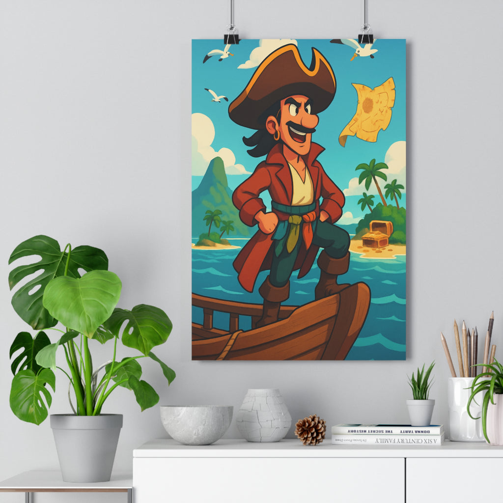 Poster décoratif pirate aventure bleu île trésor carte ciel dessin animé joyeux chambre enfant