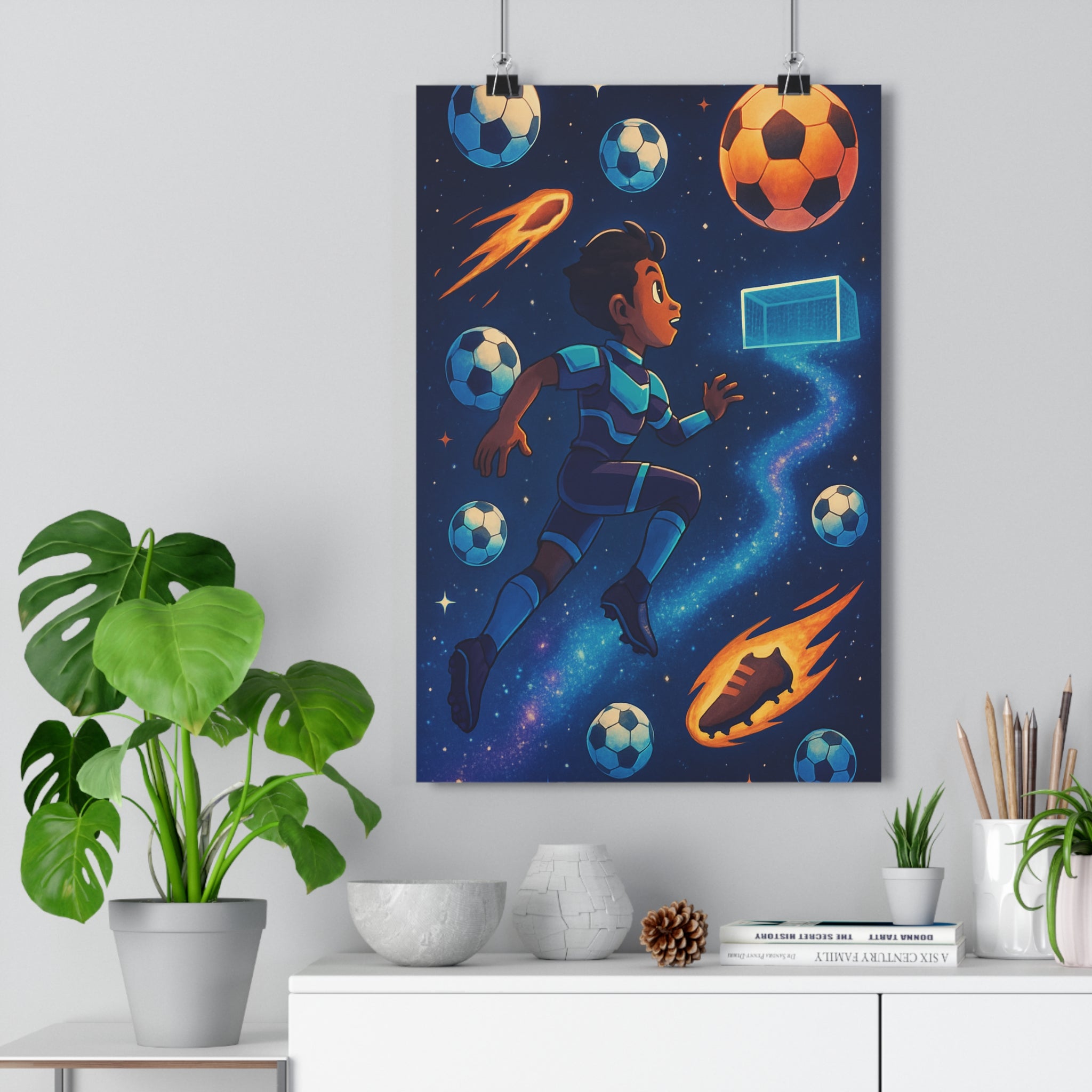 Poster décoratif dessin animé bleu orange chambre football cosmique aventure dynamique enfant garçon format