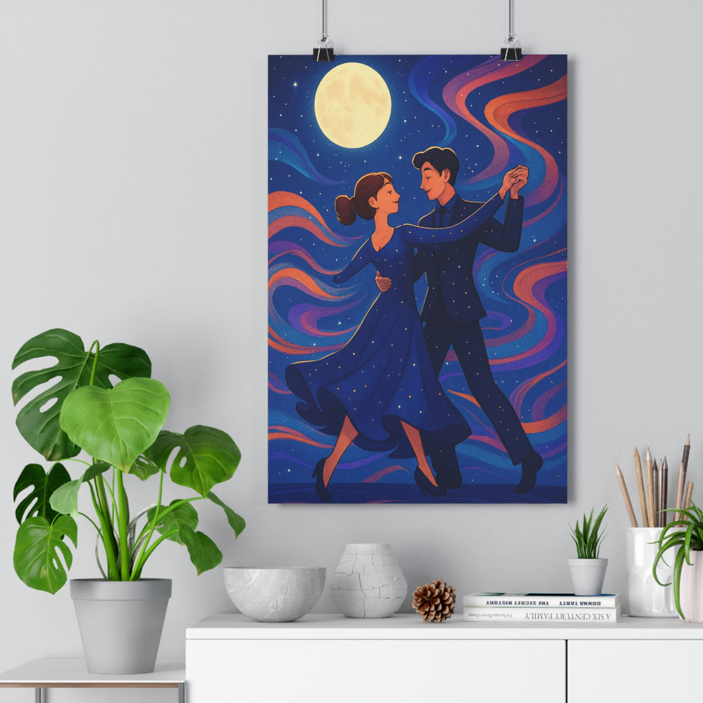 Poster décoratif danse couple moderne bleu orange violet salon chambre ambiance élégante lumineuse contrastée