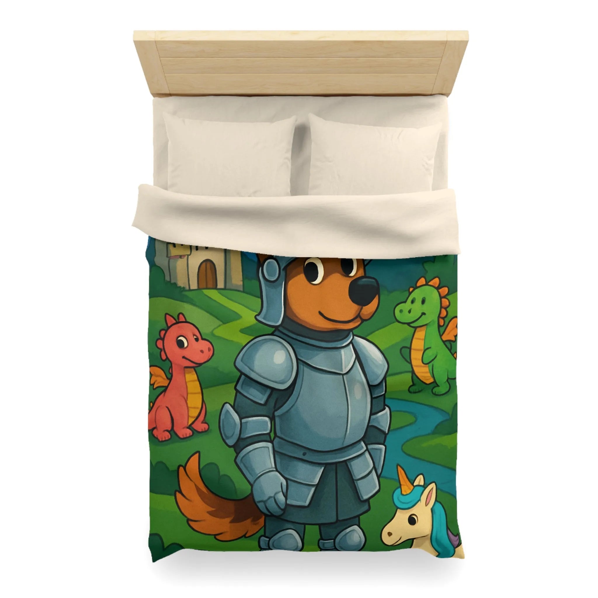 Housse de couette enfant chevalier courageux avec dragon et licorne fantastiques