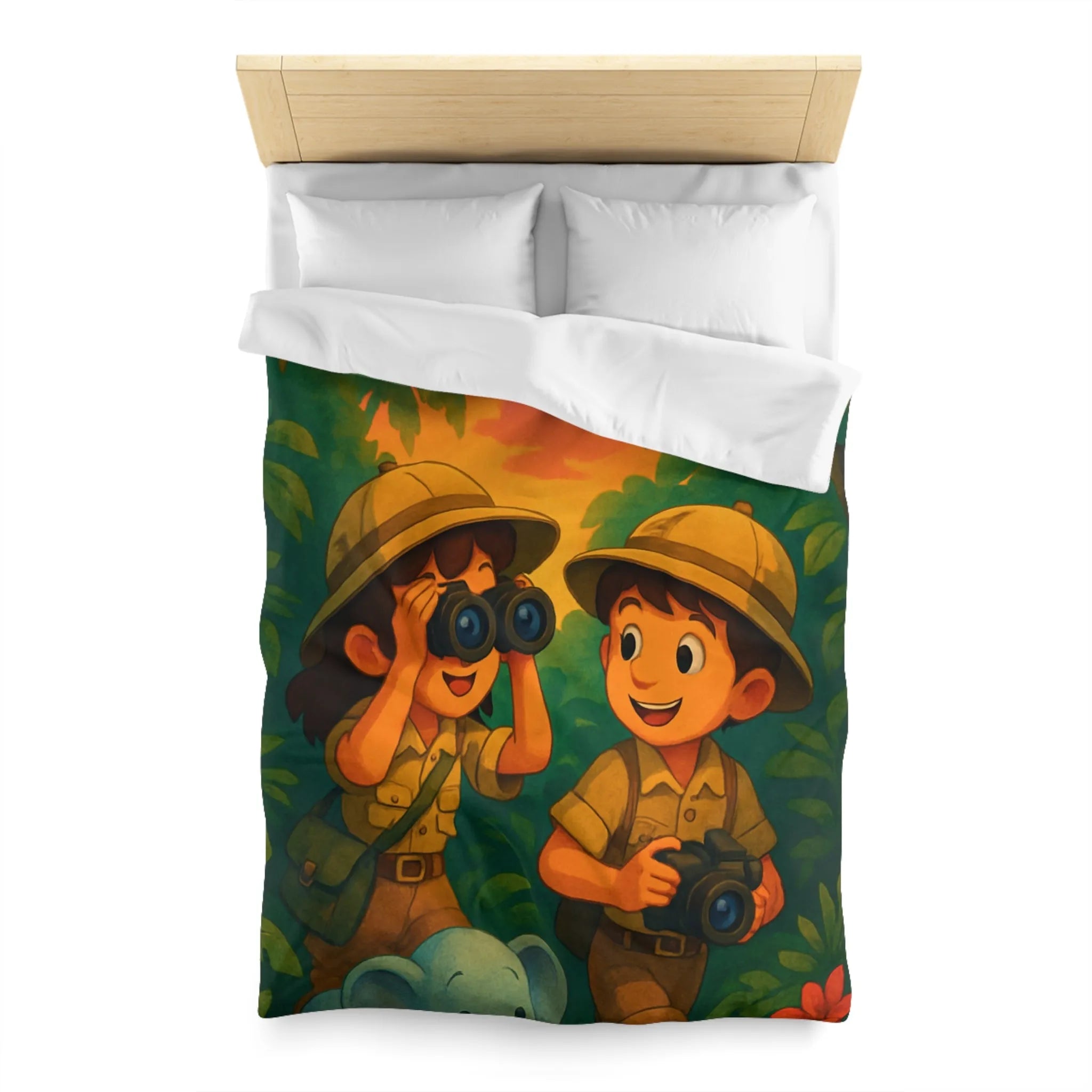 Housse de couette jungle colorée avec enfants explorateurs, perroquet et éléphant mignon