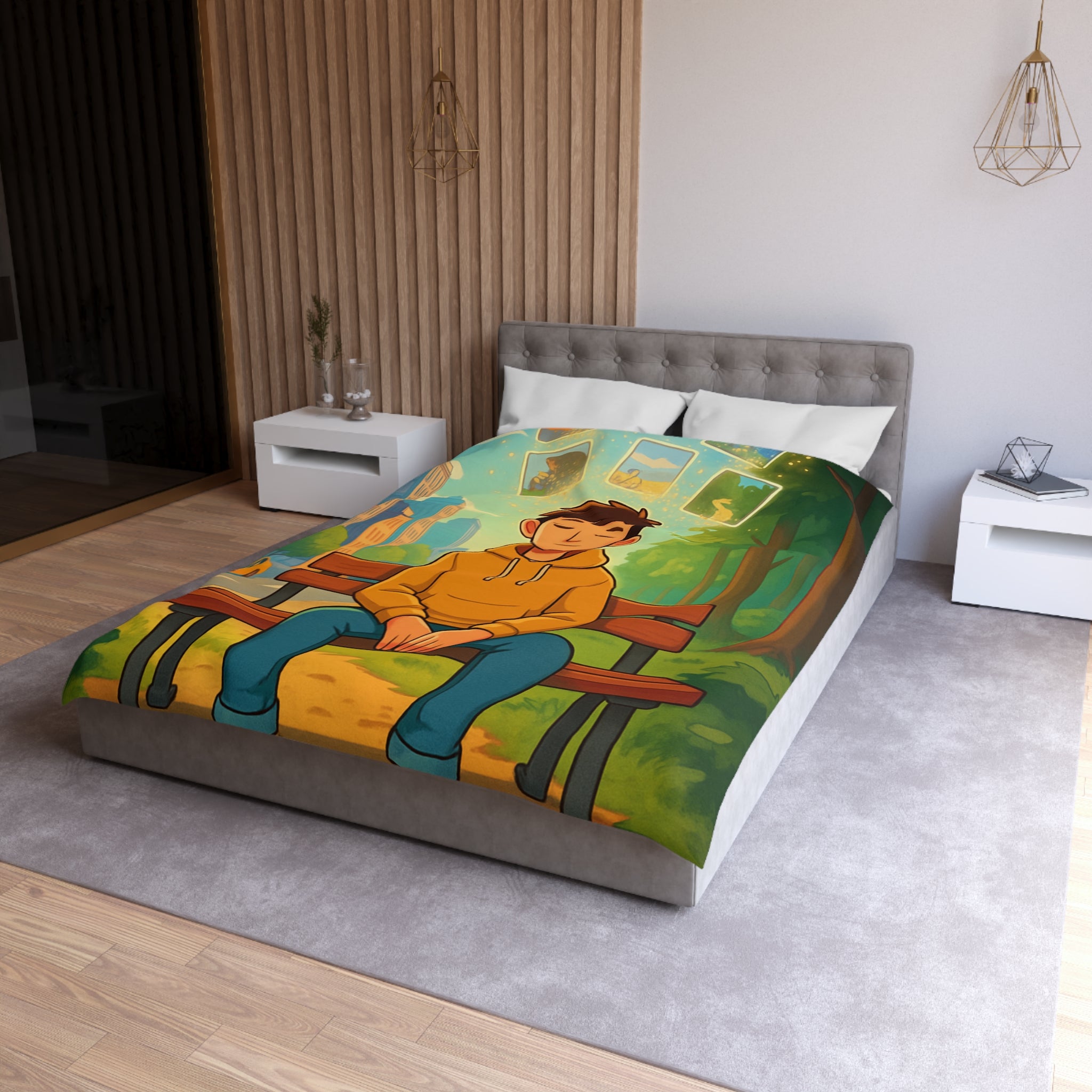 Housse de couette rêveuse garçon banco bois cartes illuminées parc illustré nature