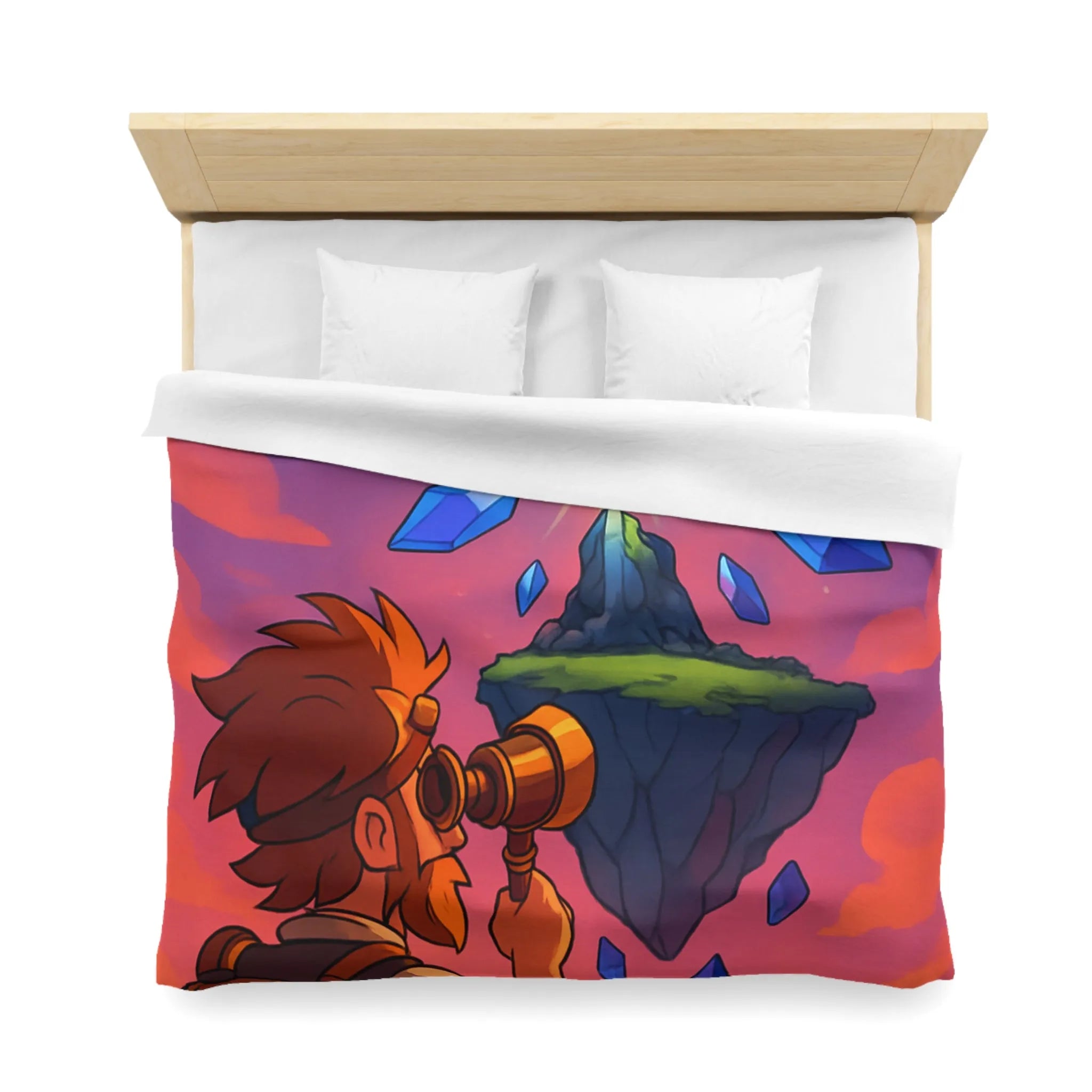 Housse de couette aventure fantastique avec cristaux flottants et scientifique explorateur