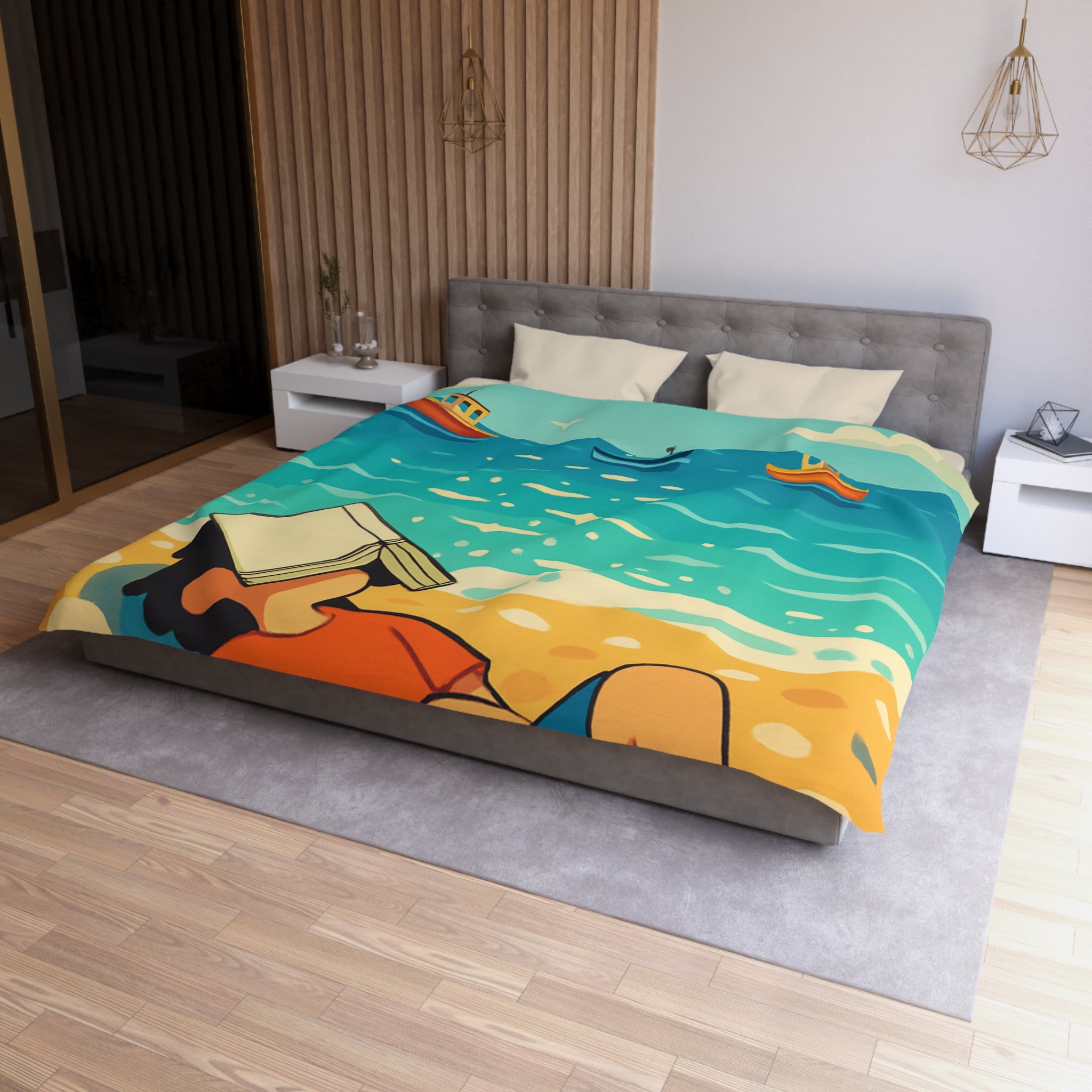 Housse de couette plage relaxante avec enfant, livre et mouettes en été ensoleillé