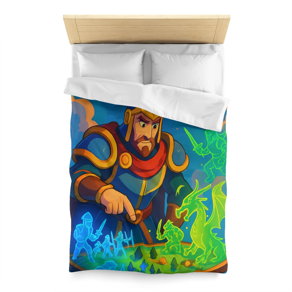 Housse de couette épique guerriers médiévaux et dragon sur plateau de jeu fantastique