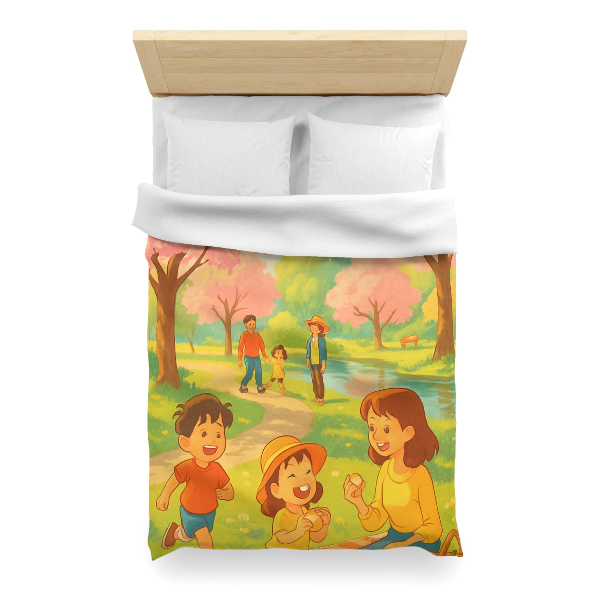 Housse de Couette Printanière avec Scène de Pique-nique Sous Cerisiers en Fleurs