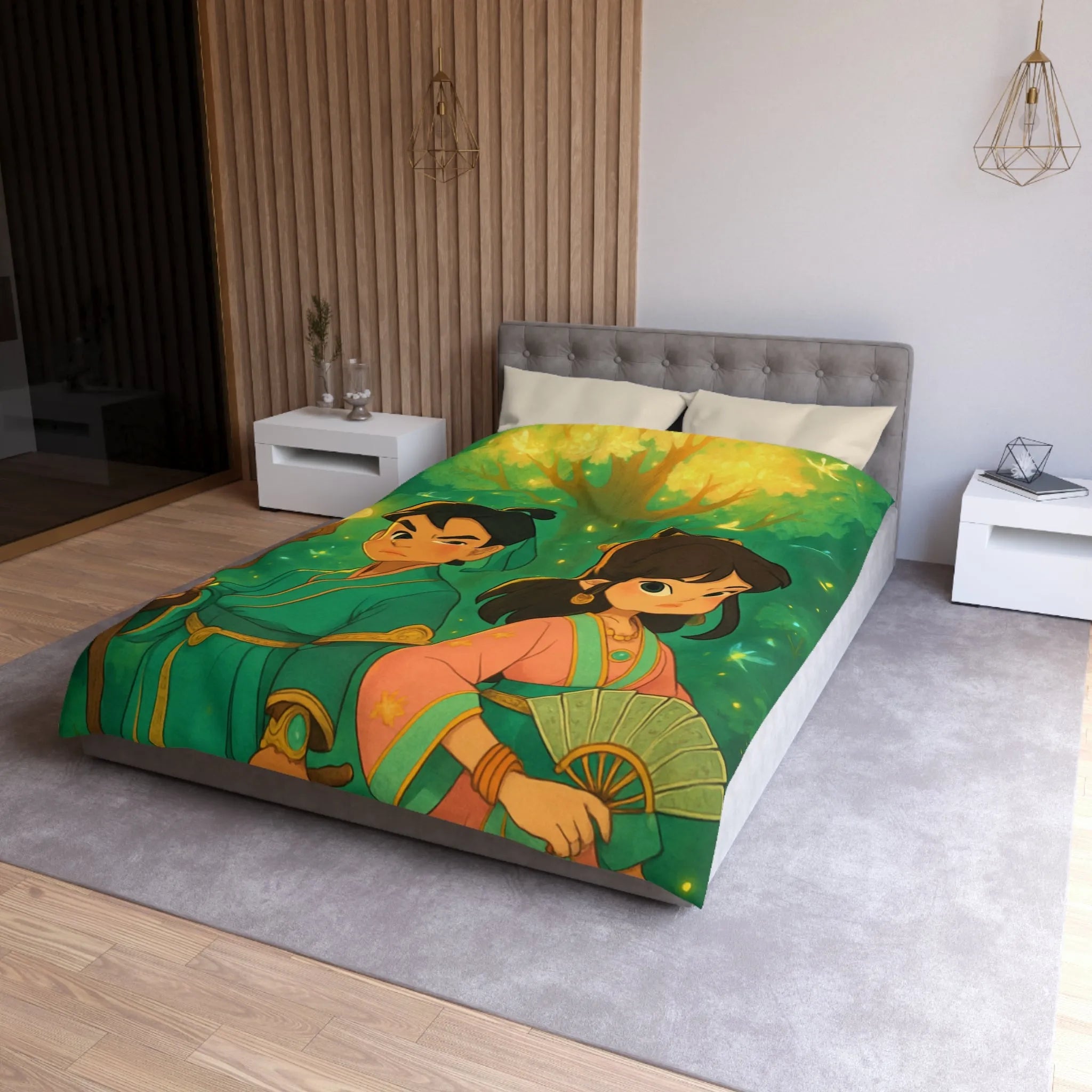 Housse de Couette Féérique Enfants avec Arbre Lumineux et Personnages Style Fantasy Coloré