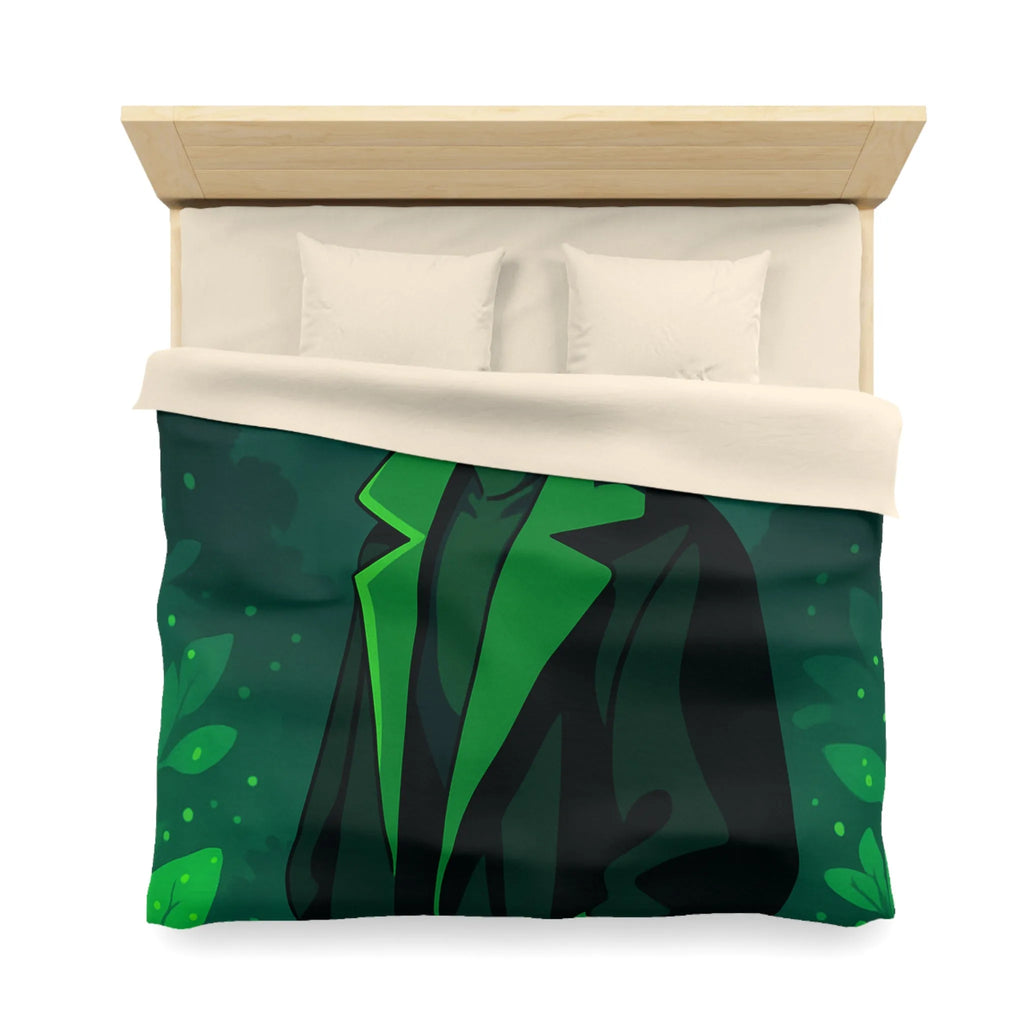 Housse de couette forêt graphique avec personnage mystérieux et nuances vertes élégantes