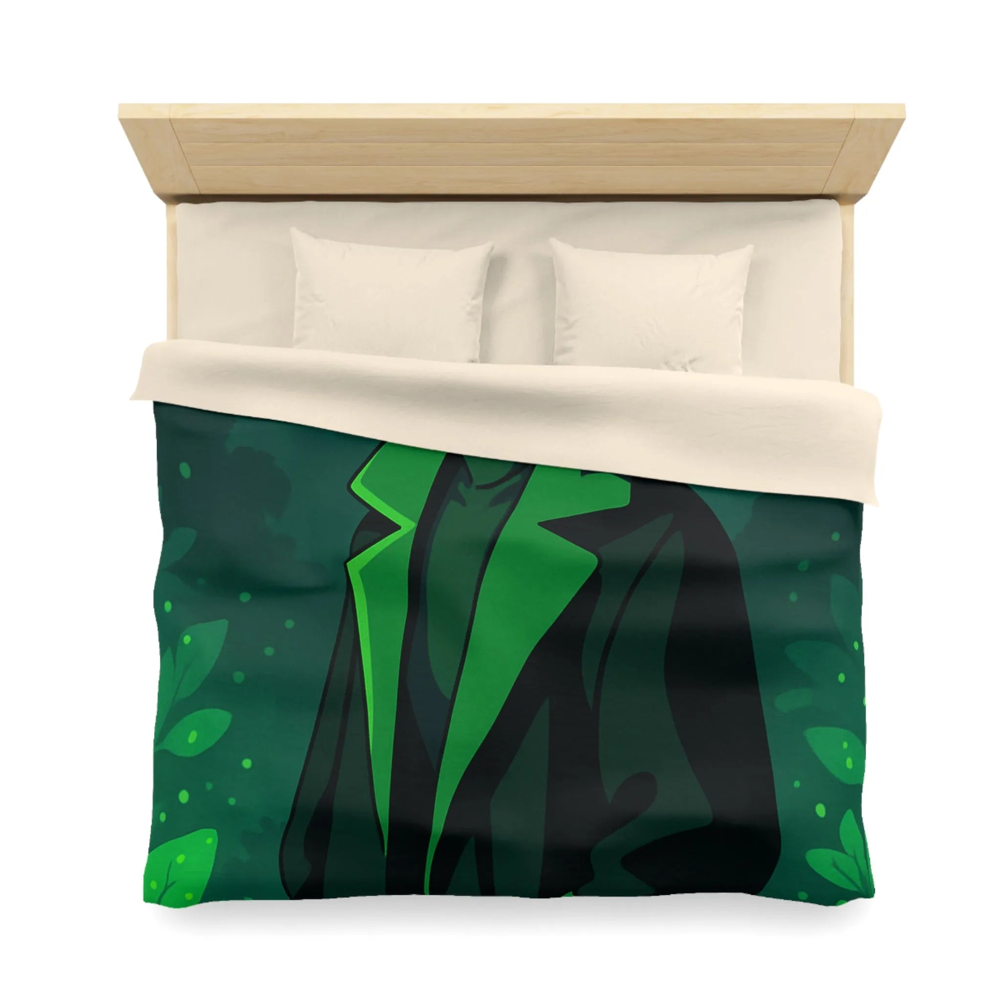 Housse de couette forêt graphique avec personnage mystérieux et nuances vertes élégantes
