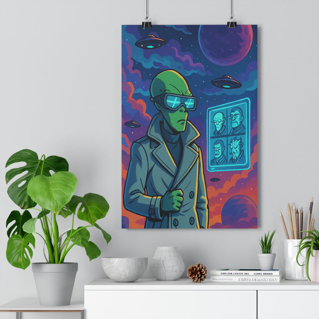 Poster décoratif extraterrestre néon bleu violet rose cartoon aventure salon bureau futuriste étoilé mystique