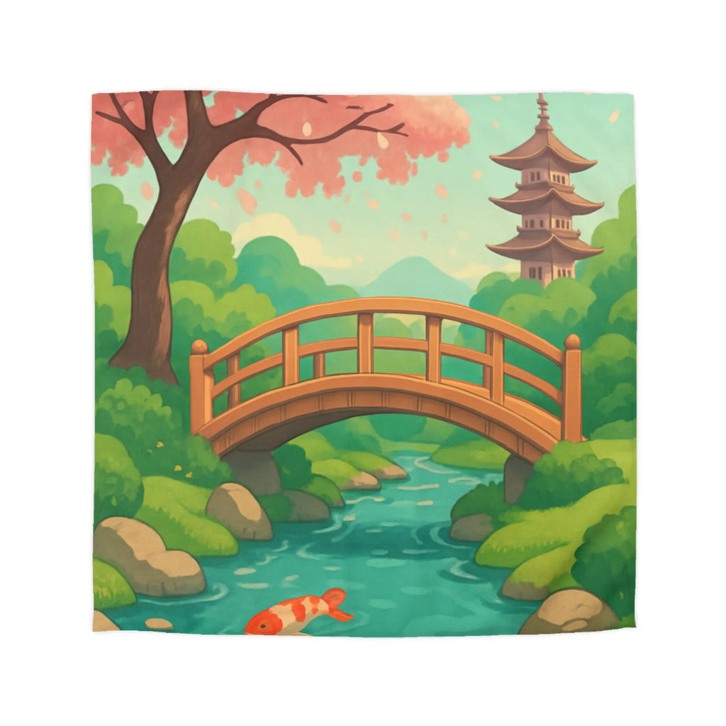 Housse de couette japonaise avec arbre en fleurs, pont en bois et carpes koi