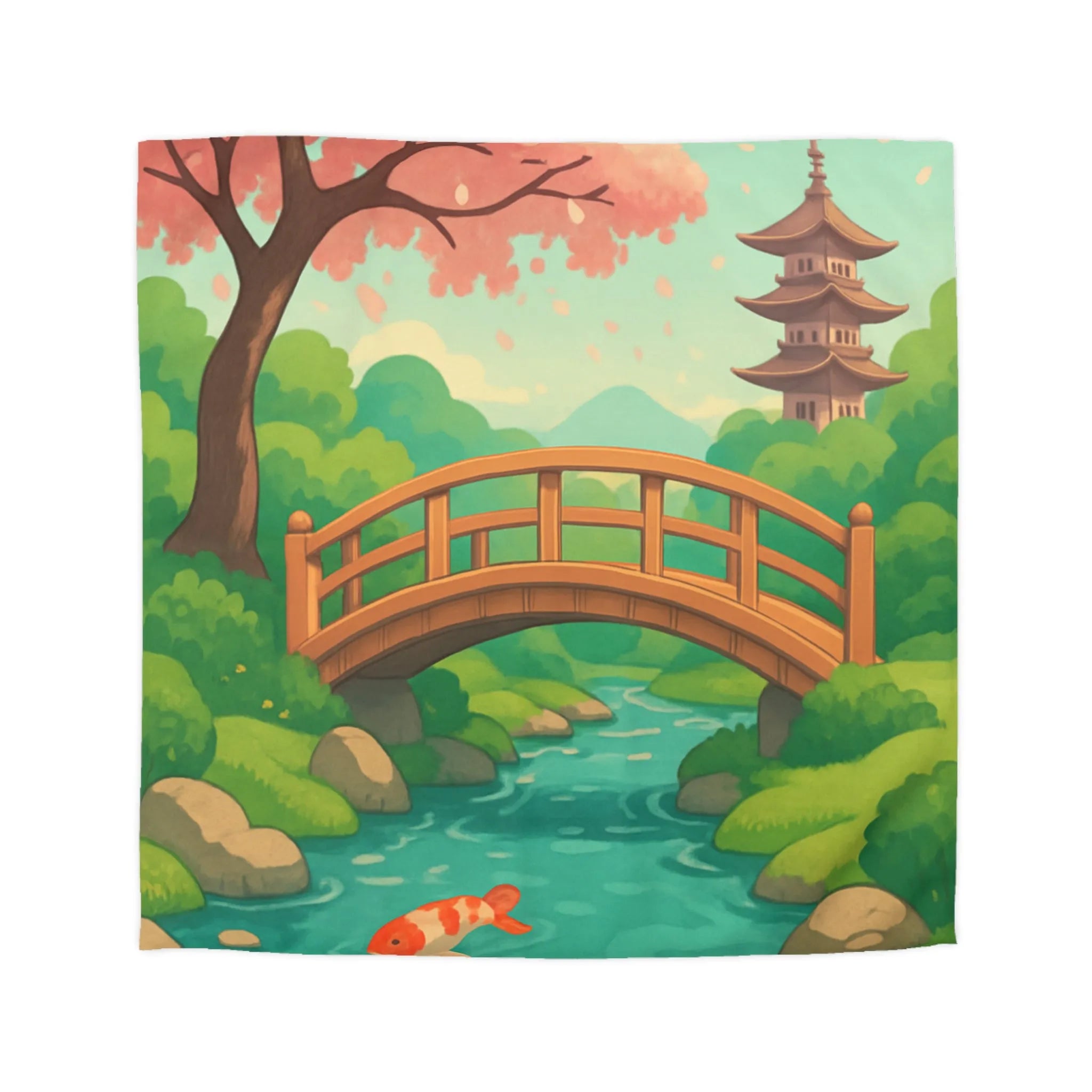 Housse de couette japonaise avec arbre en fleurs, pont en bois et carpes koi