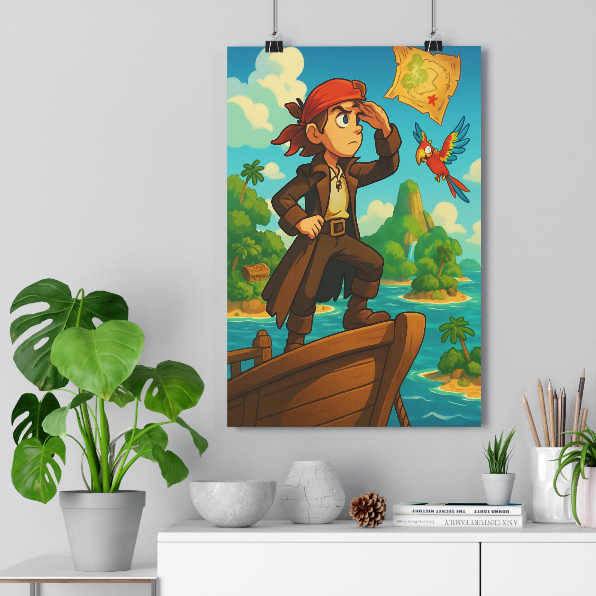 Poster décoratif jeune pirate aventure exotique coloré cartoon enfant mer turquoise îles salon chambre