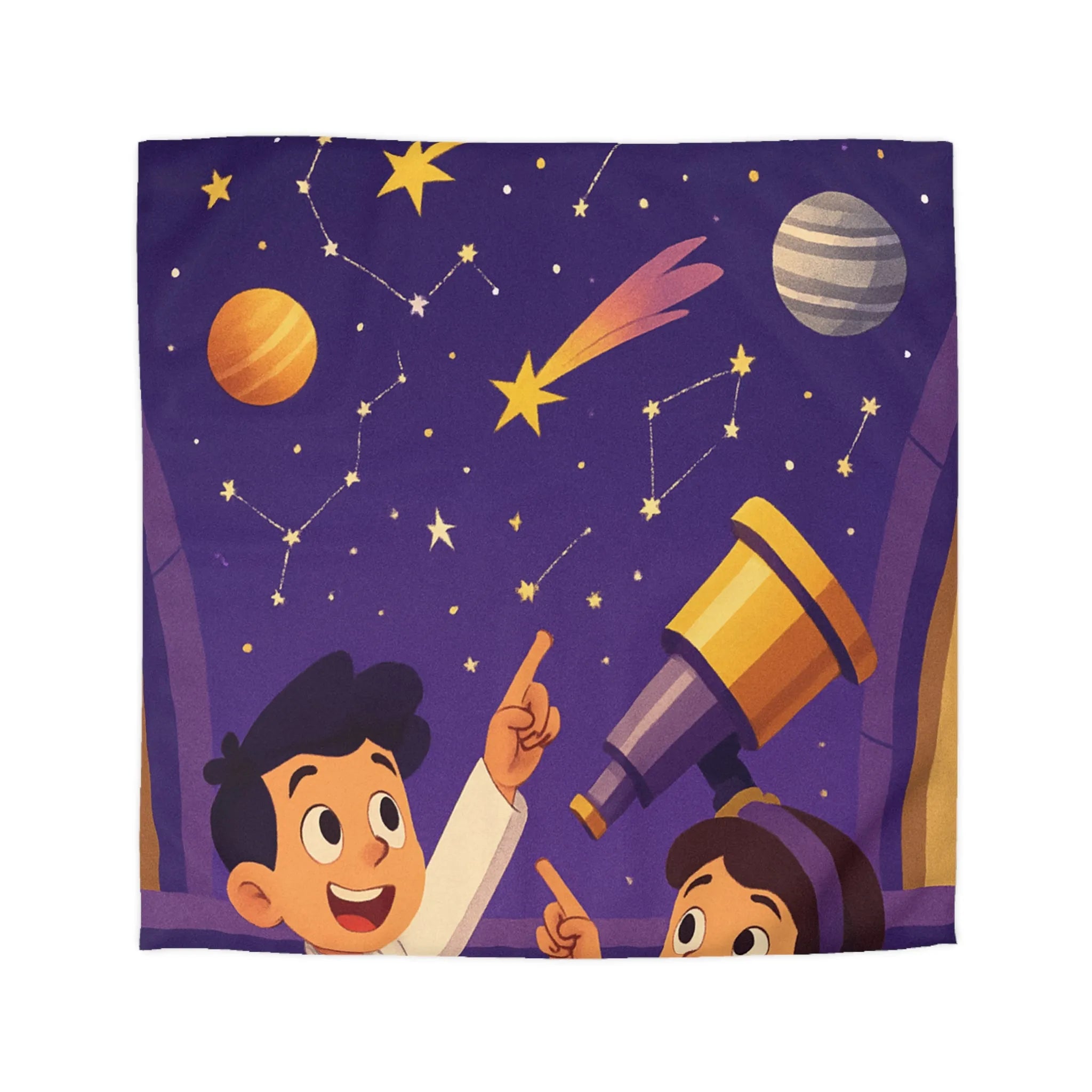 Housse de couette enfantine inspirée de l’astronomie avec planètes et étoiles colorées