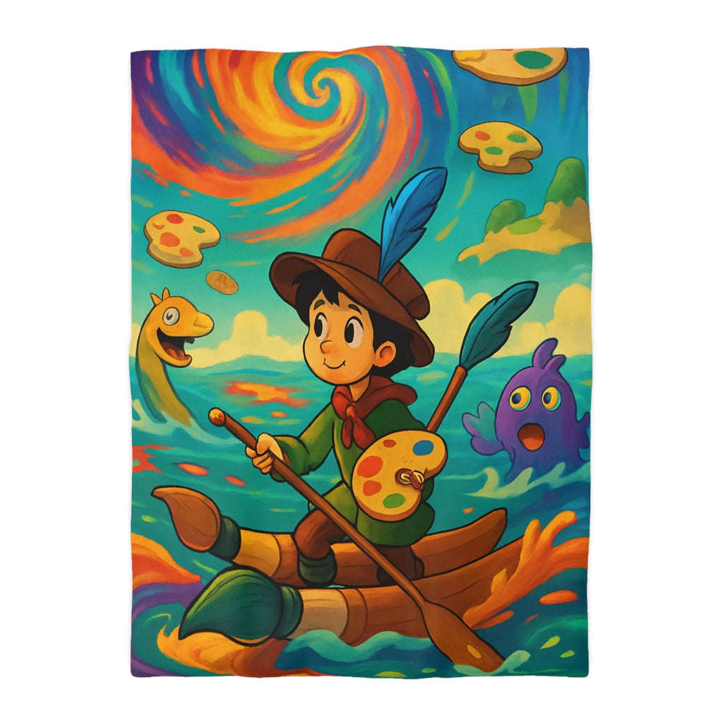 Housse de couette aquarelle enfantine, enfant peignant dans un tourbillon de couleurs vives