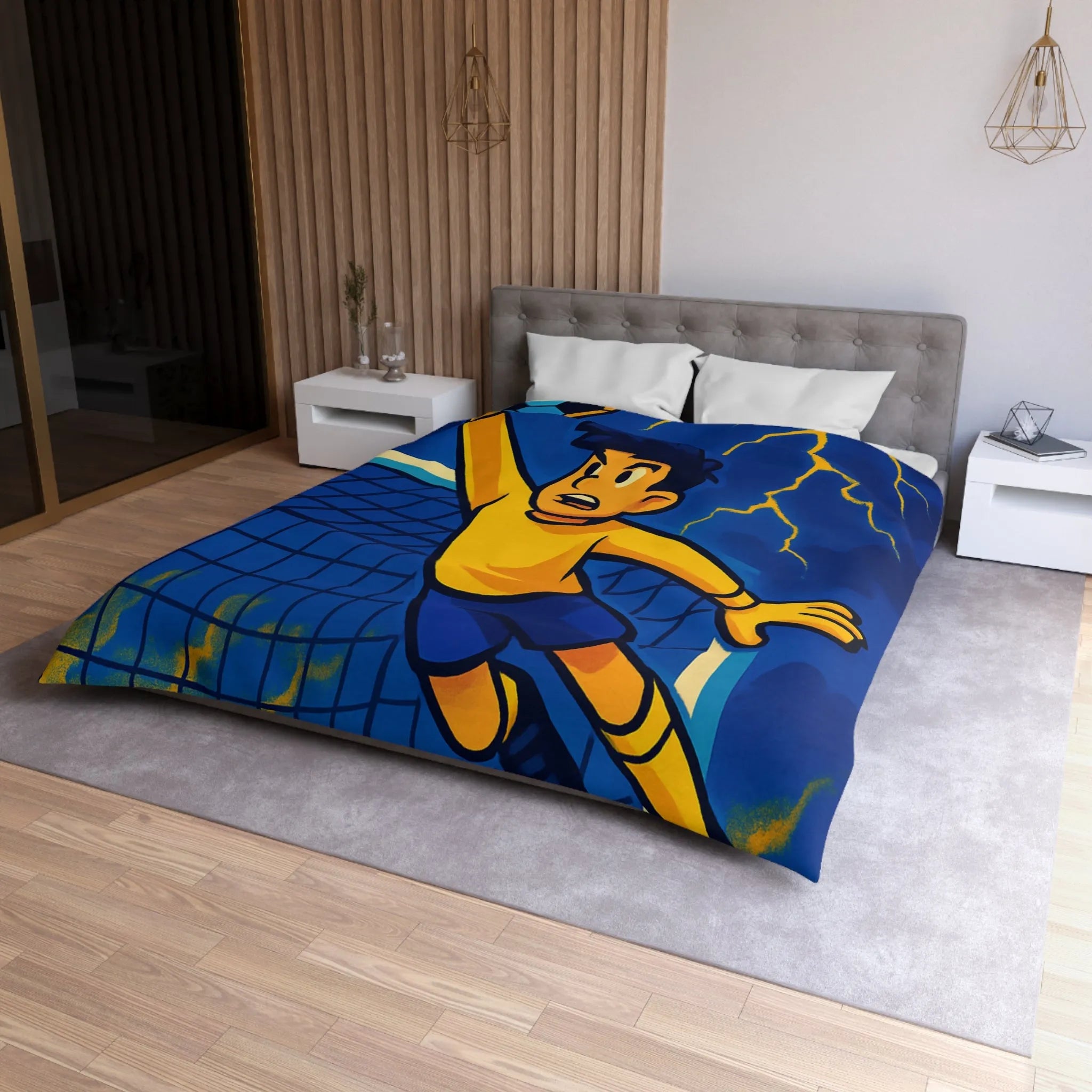 Housse de couette colorée, illustration de footballeur en action, idéale pour chambre d'enfant