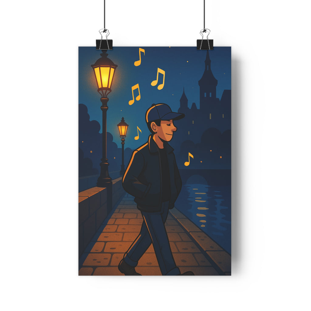 Poster décoratif cartoon urbain nocturne musique lumineux bleu doux salon chambre relaxation ambiance qualité