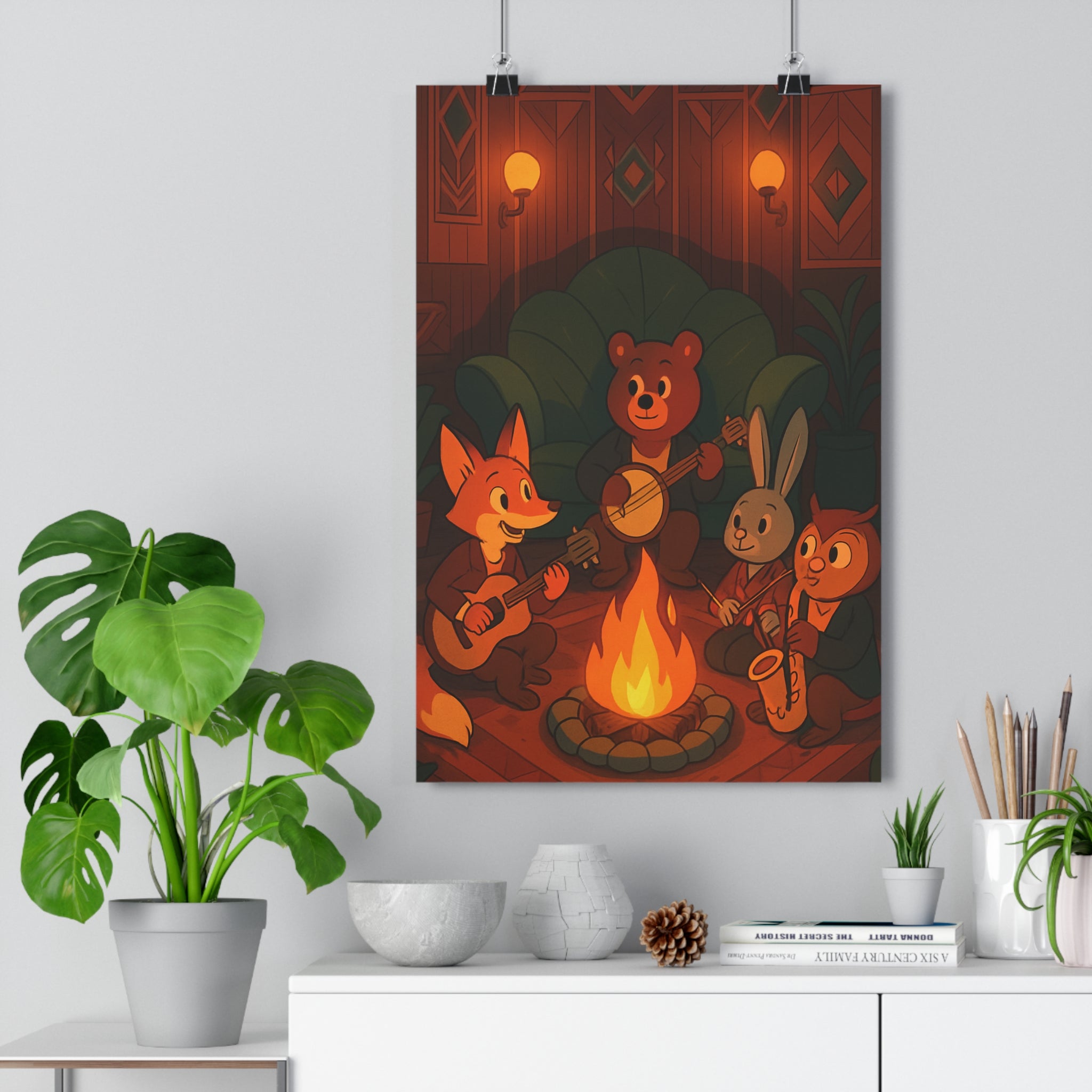 Poster décoratif cartoon terreux chaleureux salon cosy animaux musique renard ours lapin feu instruments