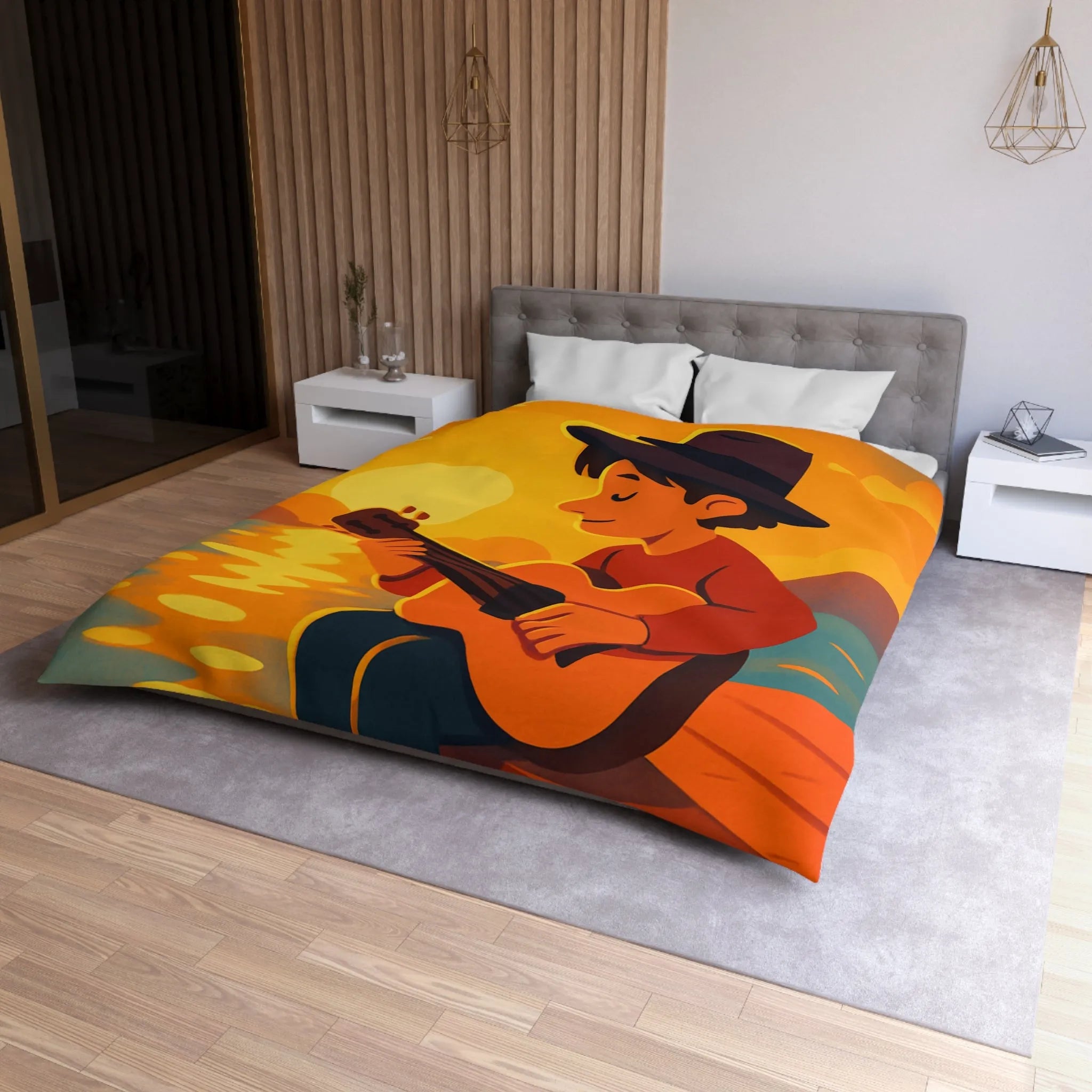 Housse de couette avec illustration relaxante d'un coucher de soleil et musicien