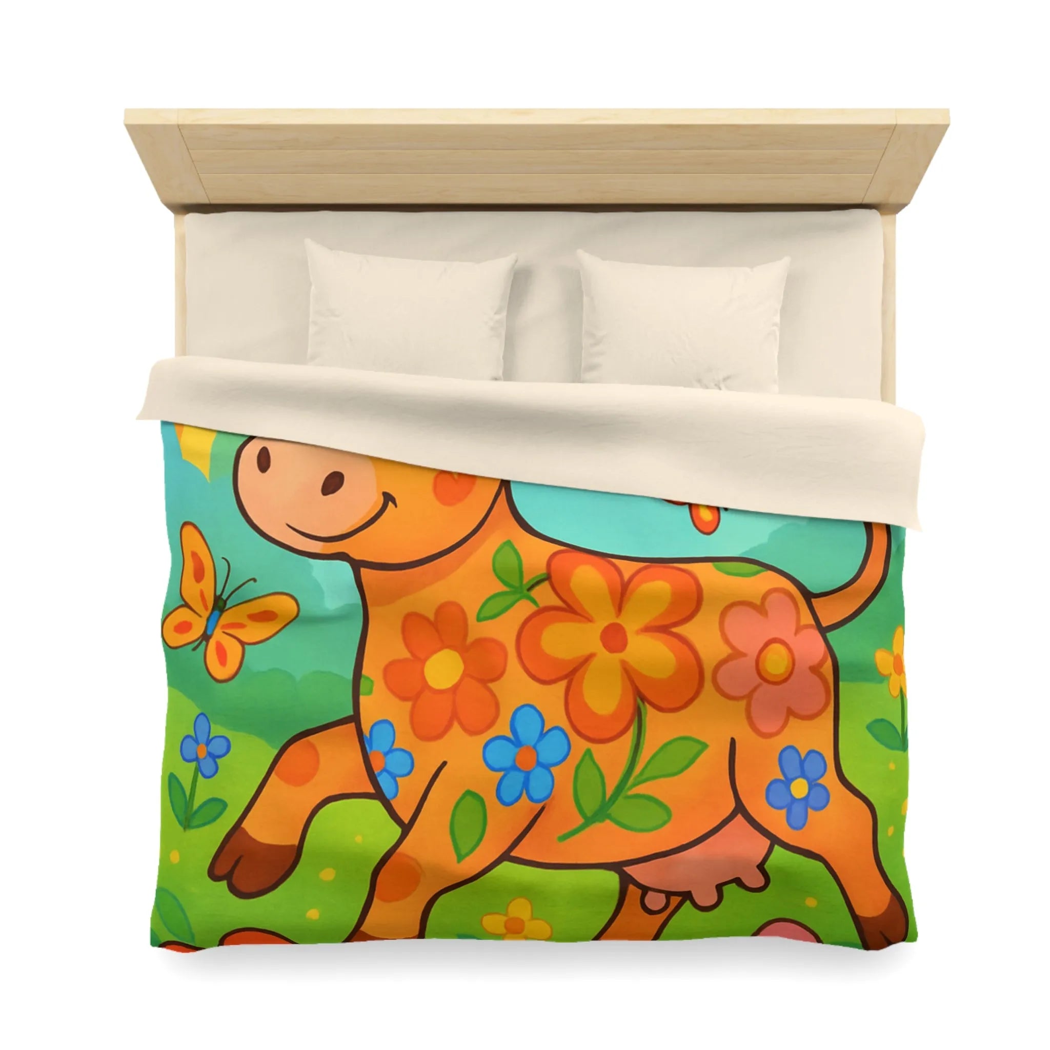 Housse de Couette Enfant Joyeuse Vache Orange Sous Arc-en-Ciel et Papillons Colorés