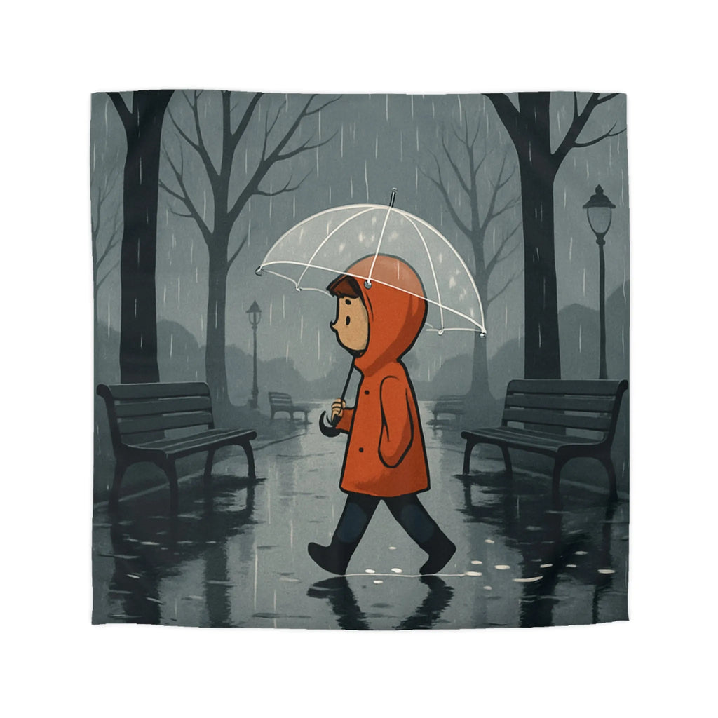 Housse de couette avec illustration d'enfant marchant sous la pluie en forêt brumeuse