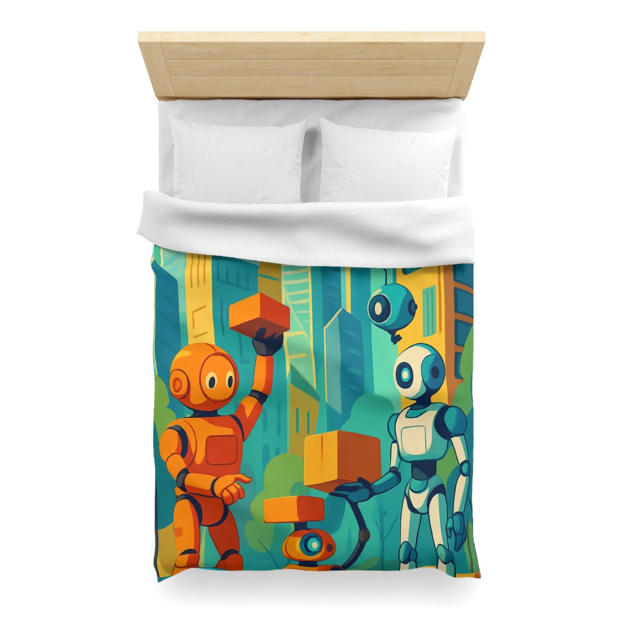 Housse de couette futuriste avec robots colorés dans une ville moderne lumineuse
