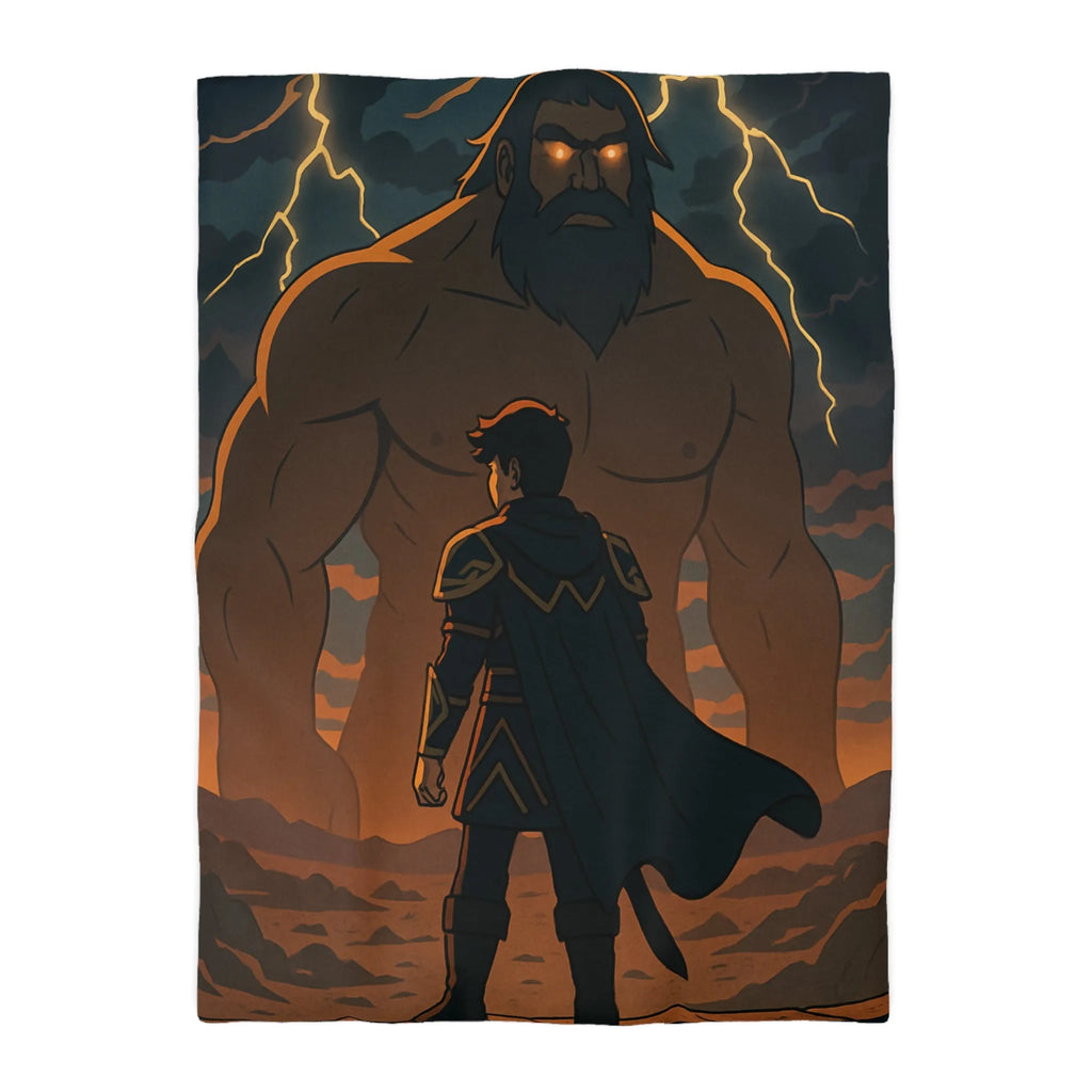 Housse de couette épique avec guerrier et géant sous orage électrique dramatique