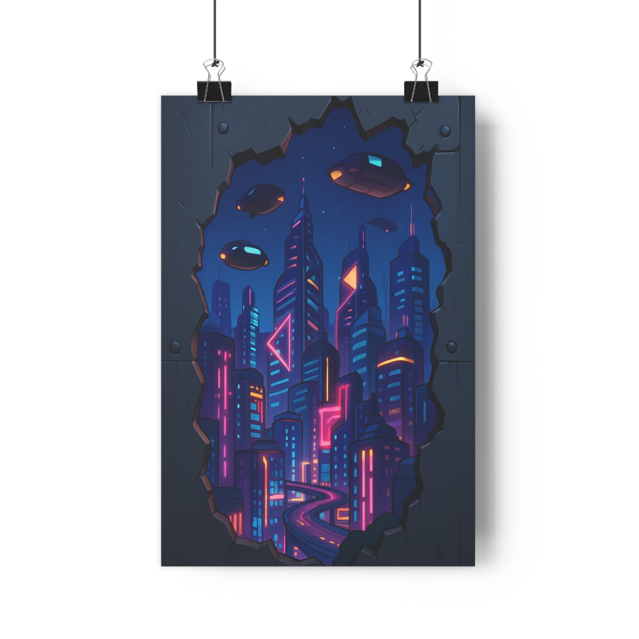 Poster décoratif futuriste cyberpunk rose bleu ville moderne dynamique chambre salon ambiance nocturne qualité