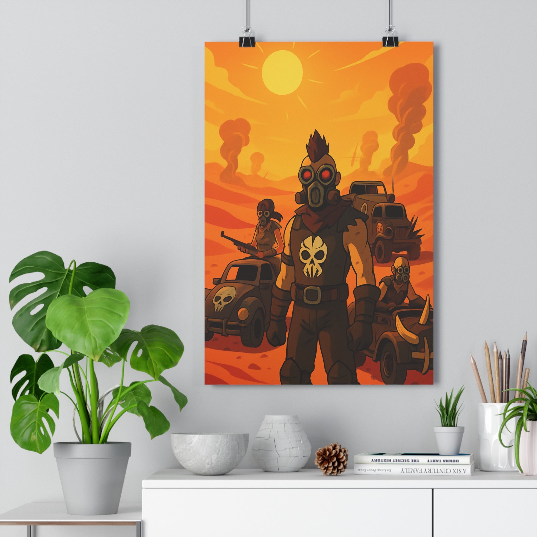 Poster décoratif cartoon dynamique guerriers désert apocalyptique orange rouge intense ambiance chambre salon qualité