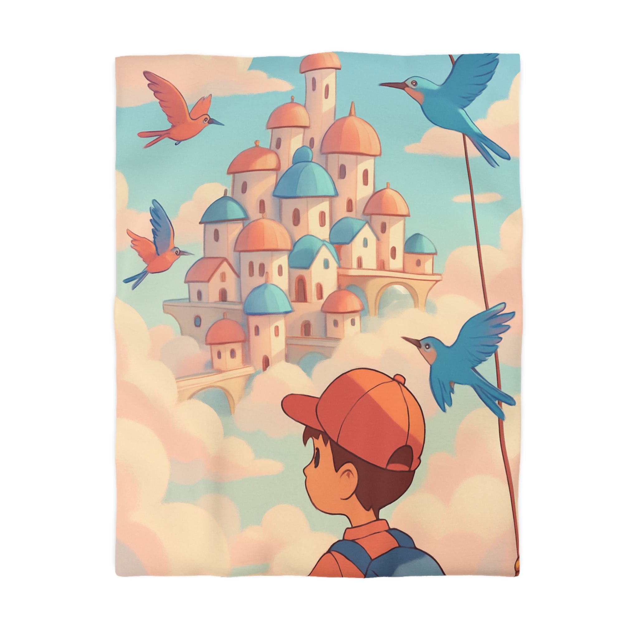 Housse de couette rêveuse avec enfant explorant un château céleste parmi les nuages