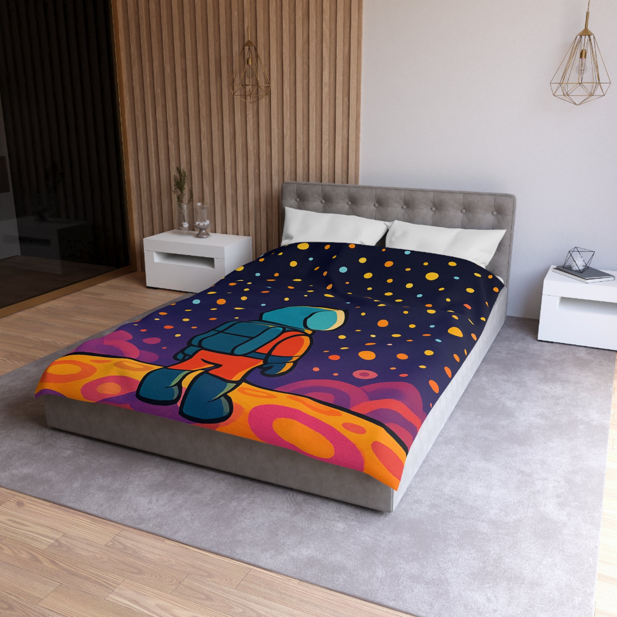 Housse de couette spatiale colorée avec astronaute et étoiles multicolores pour chambre enfant