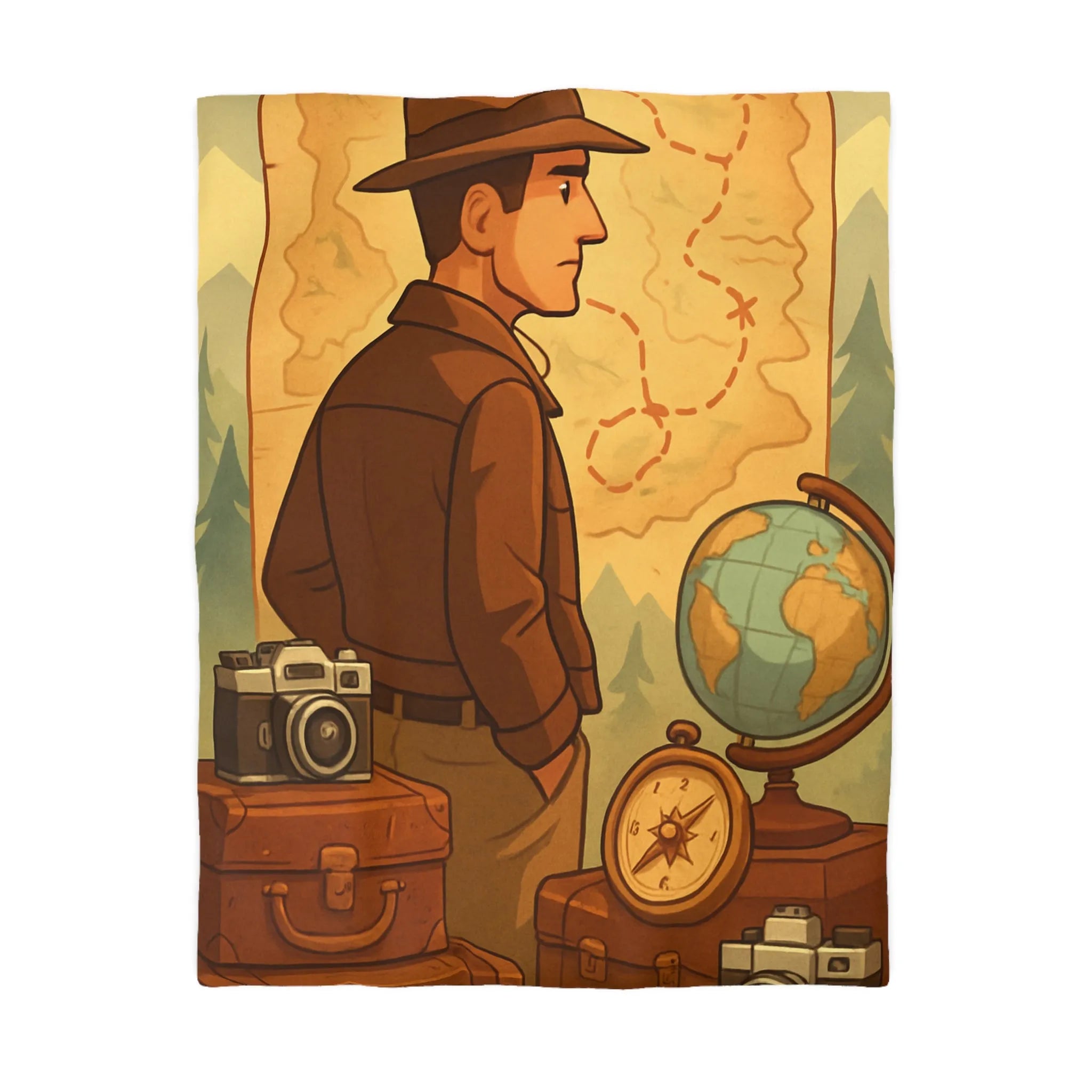 Housse de couette aventure vintage avec explorateur, cartes au trésor et globe illustré