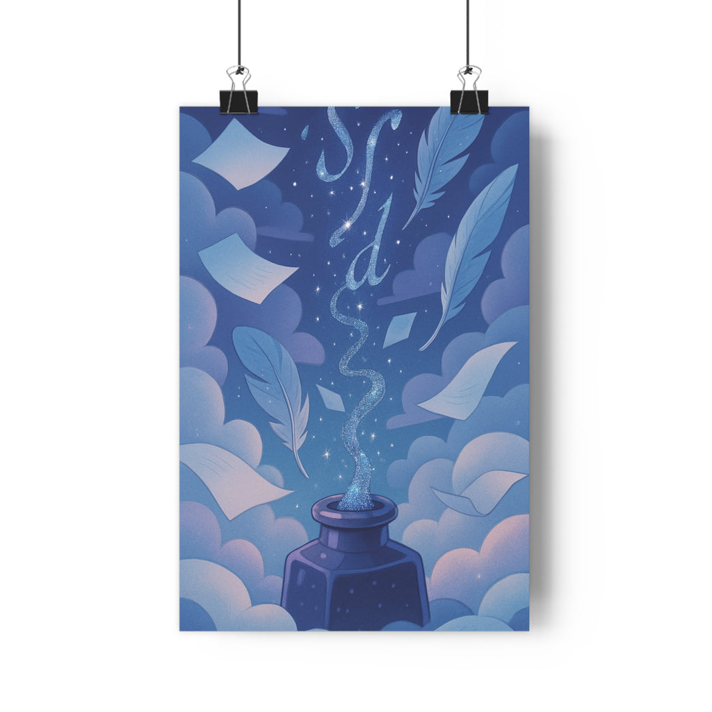 Poster décoratif rêveur bleu blanc éthéré paisible bureau créatif nuages étoiles plumes 30x46 qualité