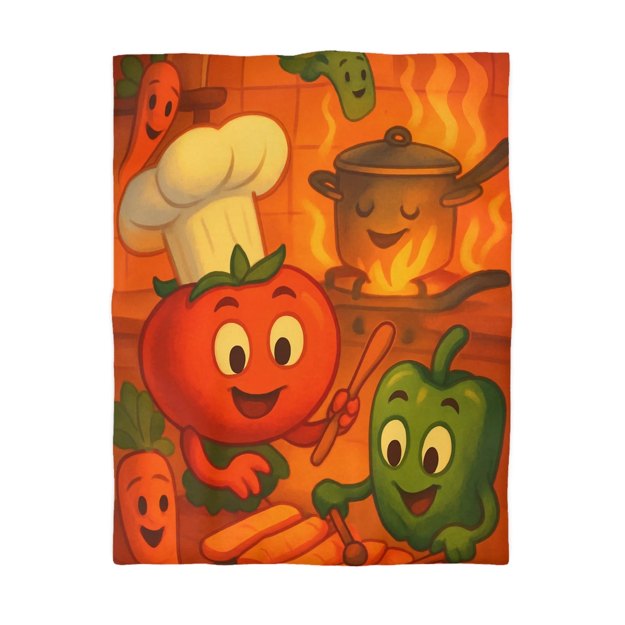 Housse de couette illustrée avec légumes adorables jouant dans une cuisine animée orangée