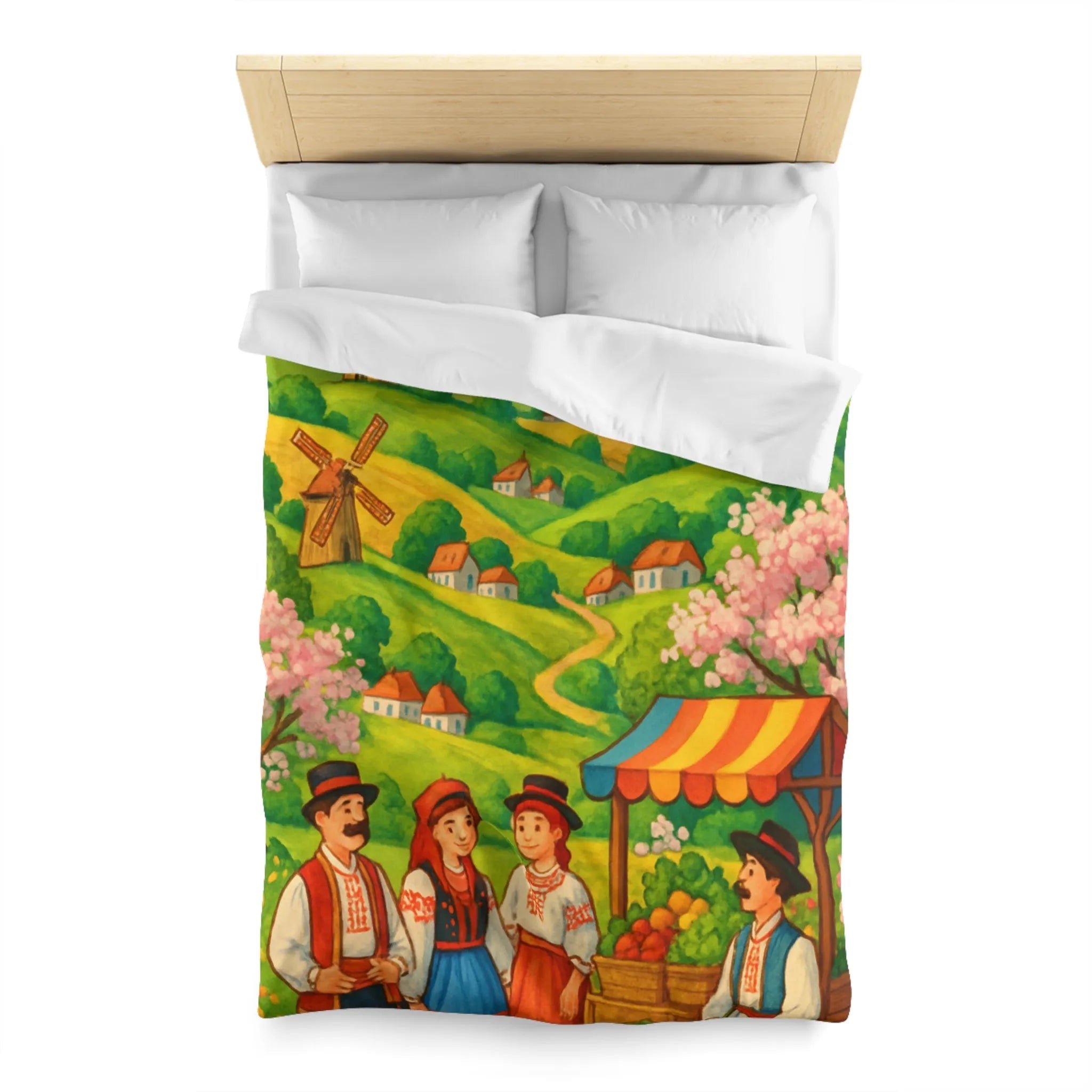 Housse de couette avec village champêtre, moulins et marché aux couleurs vives