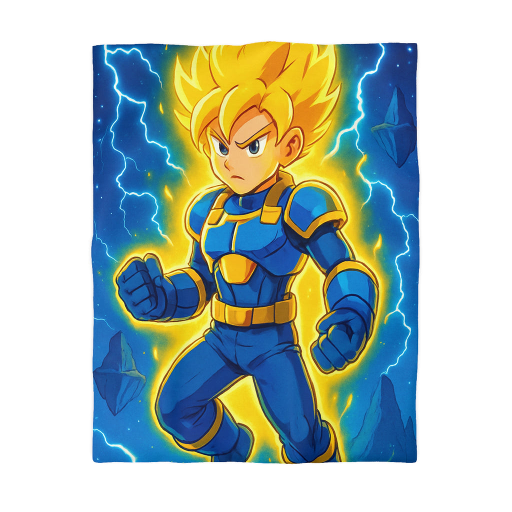 Housse de couette vibrante avec héros en armure bleue et rayons lumineux intenses