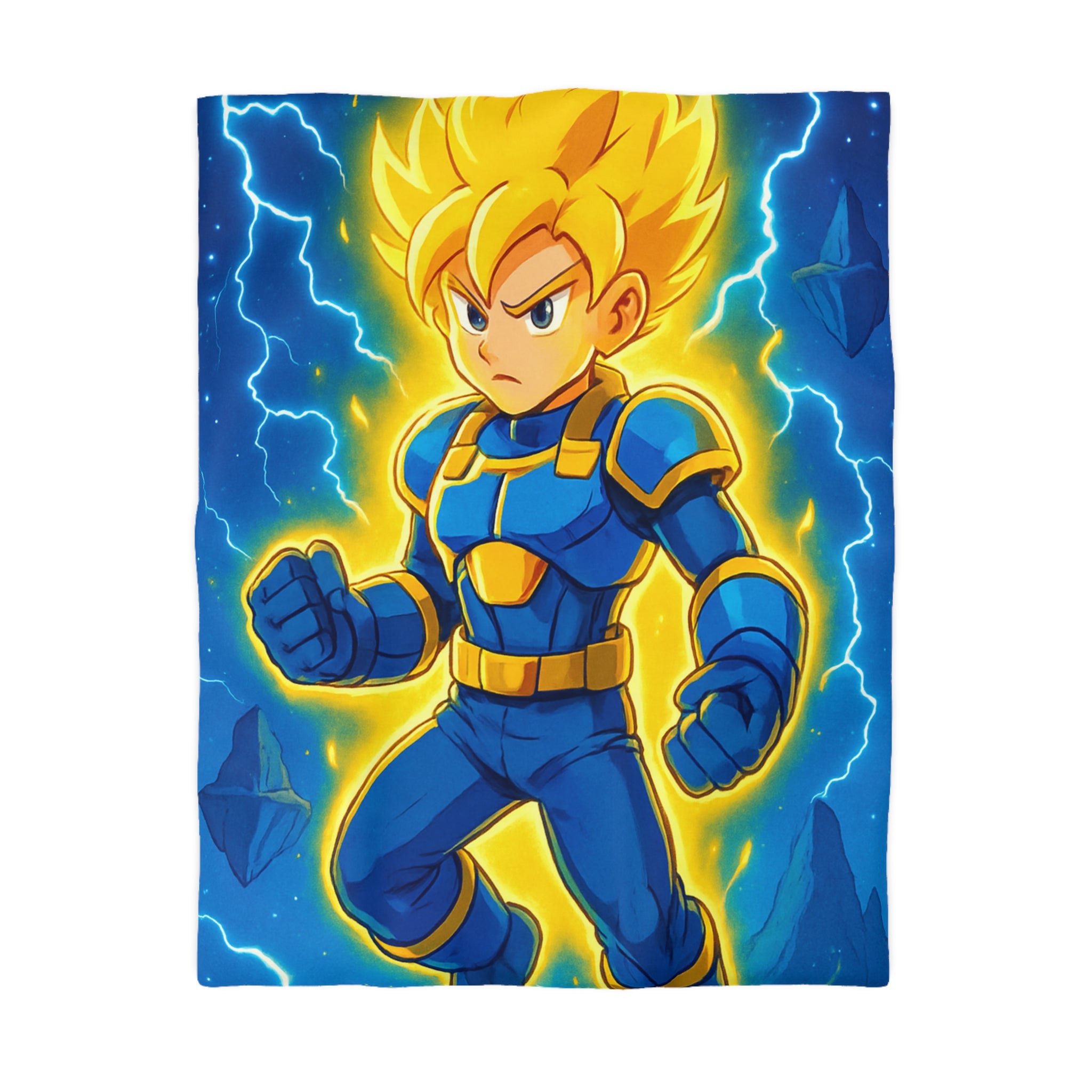 Housse de couette vibrante avec héros en armure bleue et rayons lumineux intenses