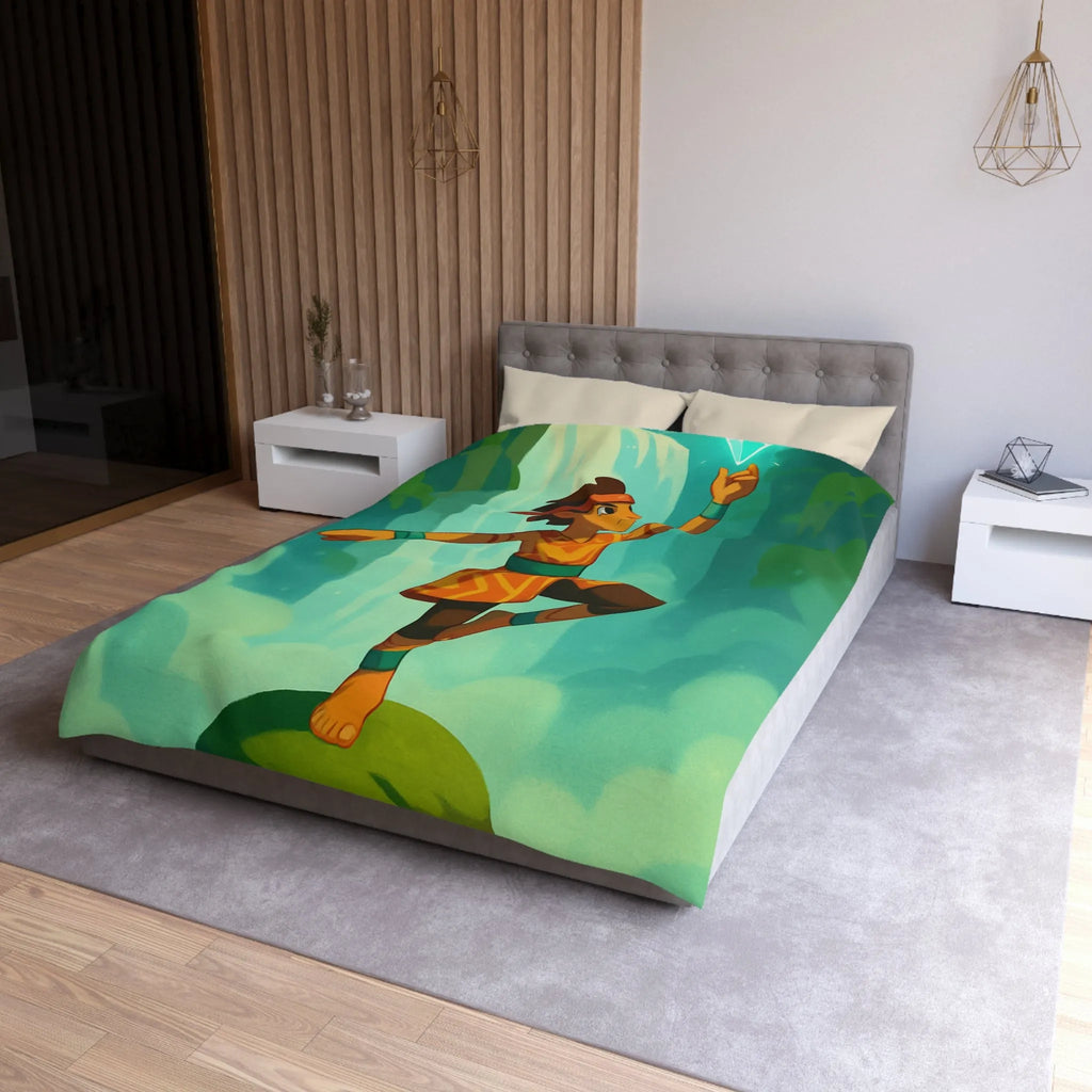 Housse de couette avec motif aventureux illustrant cascade et cristal lumineux vibrant